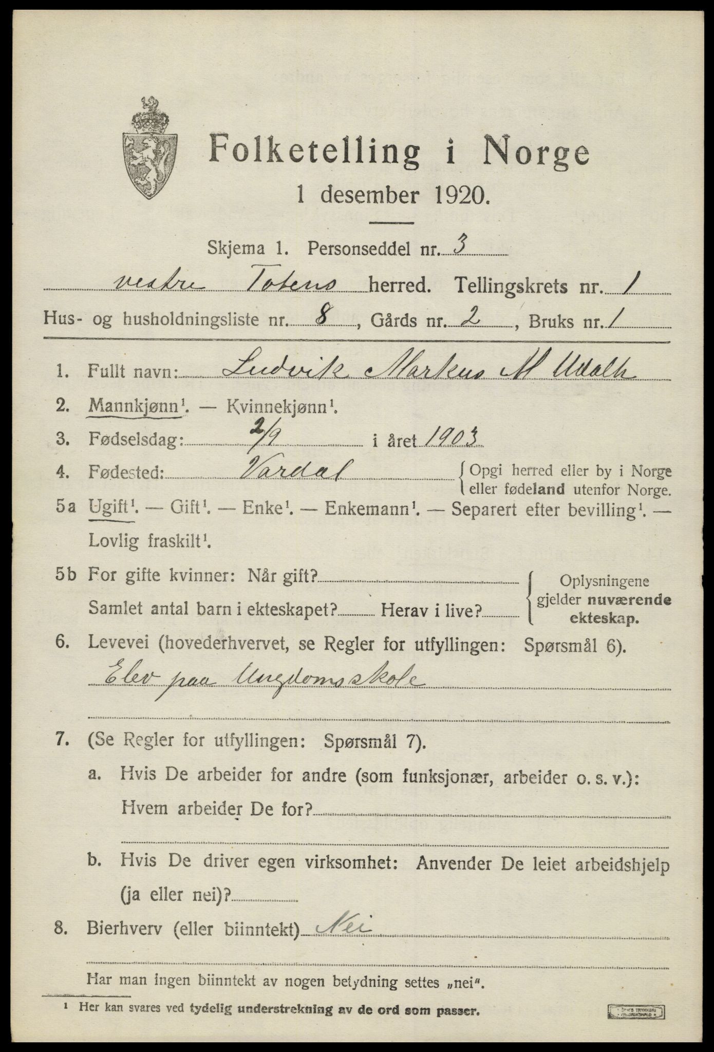 SAH, 1920 census for Vestre Toten, 1920, p. 1912