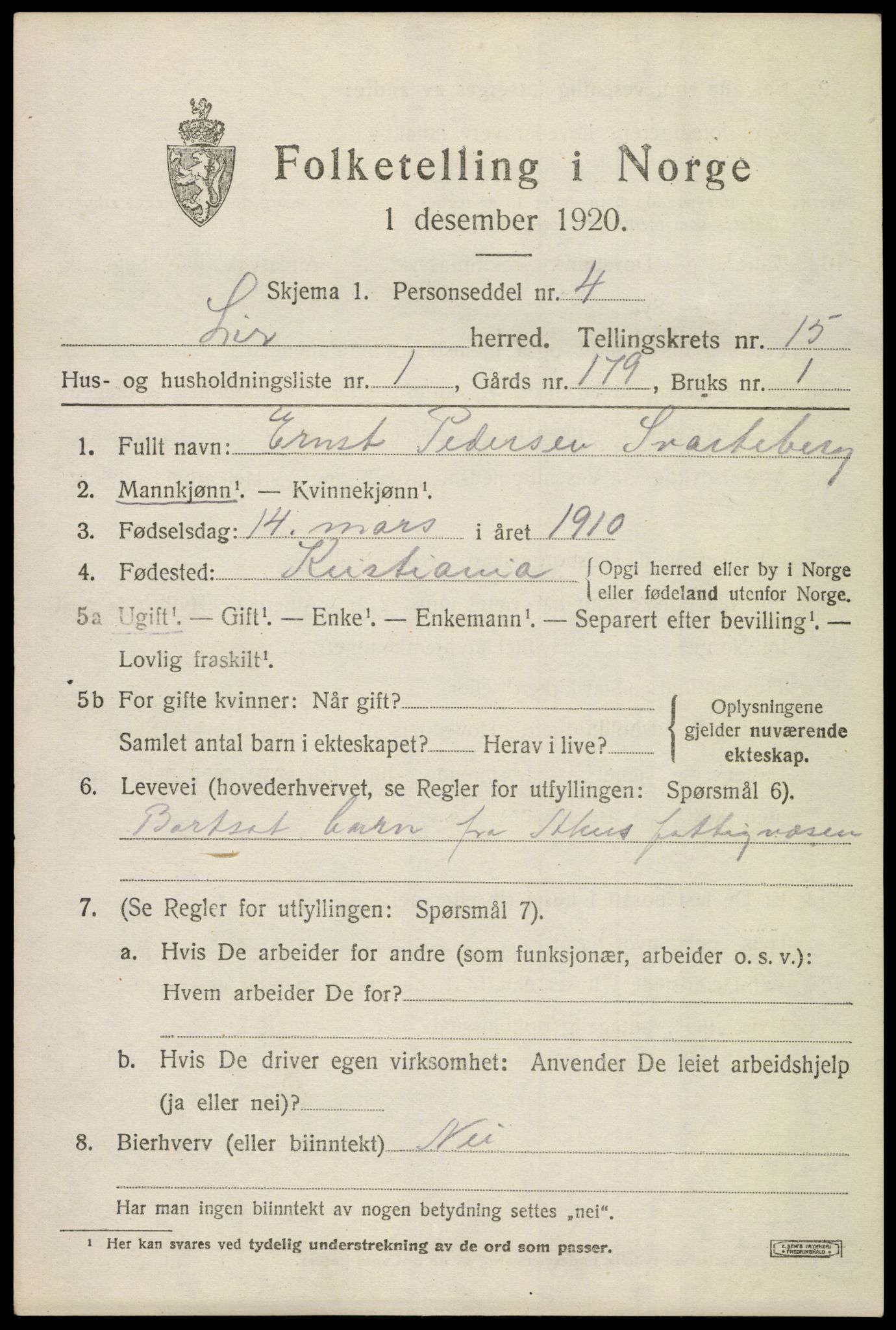 SAKO, 1920 census for Lier, 1920, p. 22616