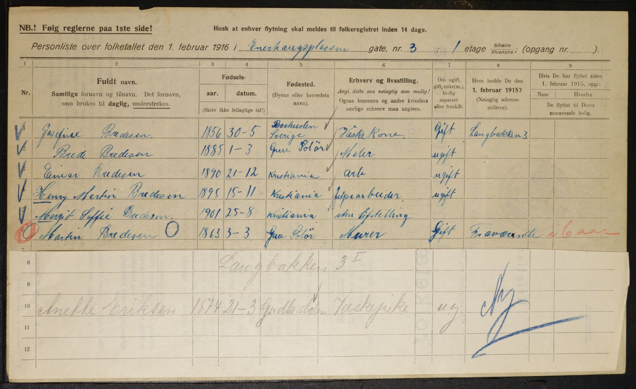 OBA, Municipal Census 1916 for Kristiania, 1916, p. 57475