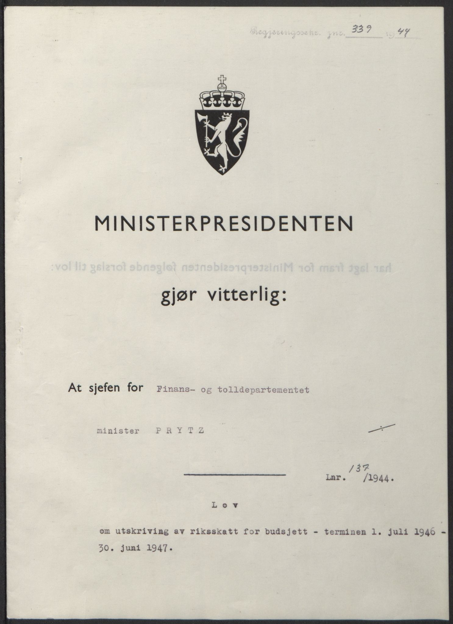 NS-administrasjonen 1940-1945 (Statsrådsekretariatet, de kommisariske statsråder mm), RA/S-4279/D/Db/L0100: Lover, 1944, p. 659