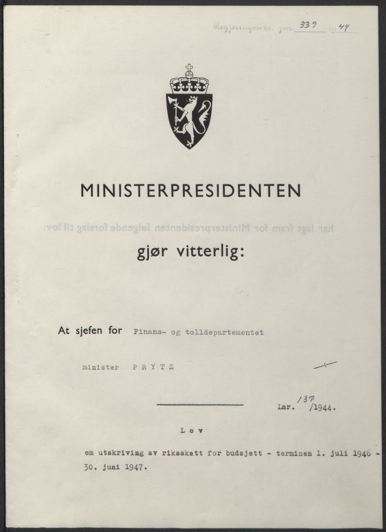 NS-administrasjonen 1940-1945 (Statsrådsekretariatet, de kommisariske statsråder mm), AV/RA-S-4279/D/Db/L0100: Lover, 1944, p. 659