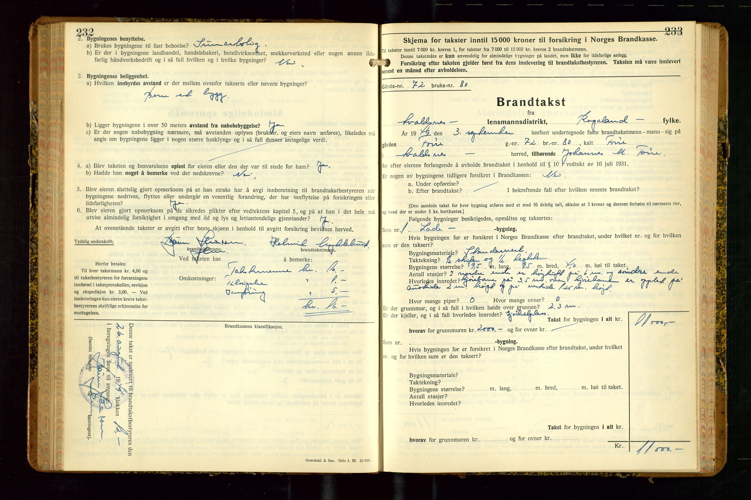 Avaldsnes lensmannskontor, AV/SAST-A-100286/Gob/L0002: "Branntakstprotokoll for Avaldsnes lensmannsdistrikt Rogaland fylke", 1940-1950, p. 232-233