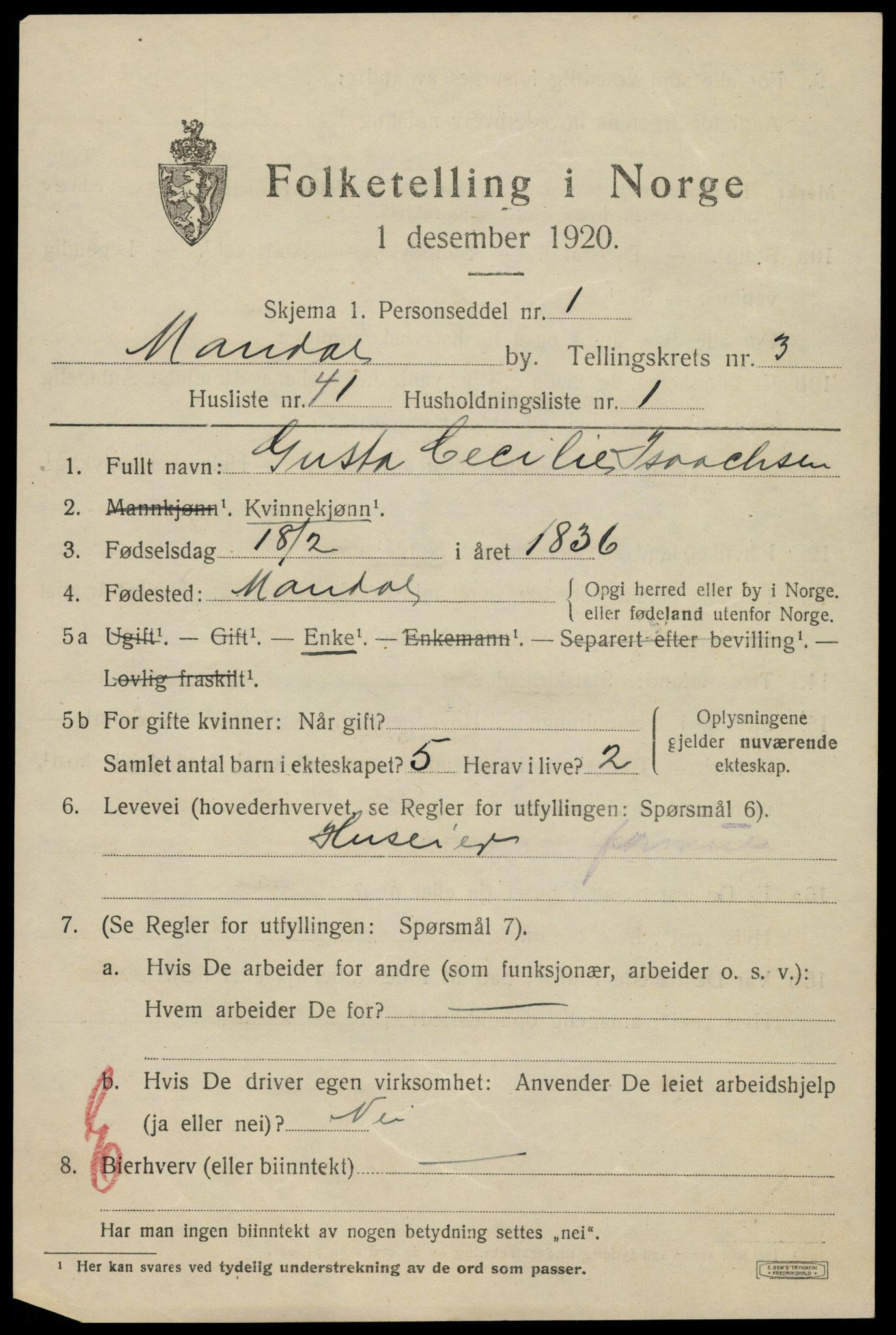 SAK, 1920 census for Mandal, 1920, p. 5869