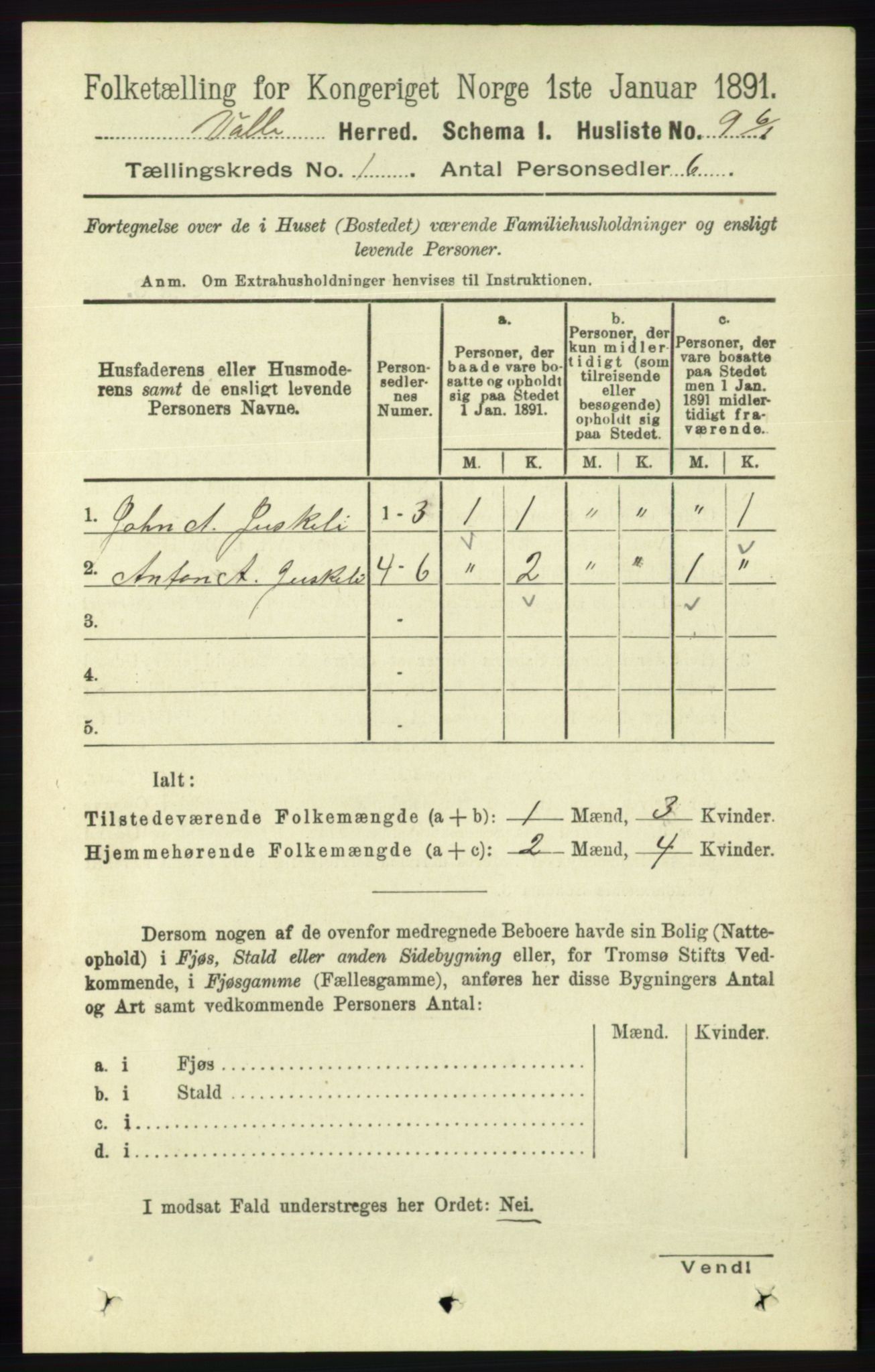 RA, 1891 census for 0940 Valle, 1891, p. 33