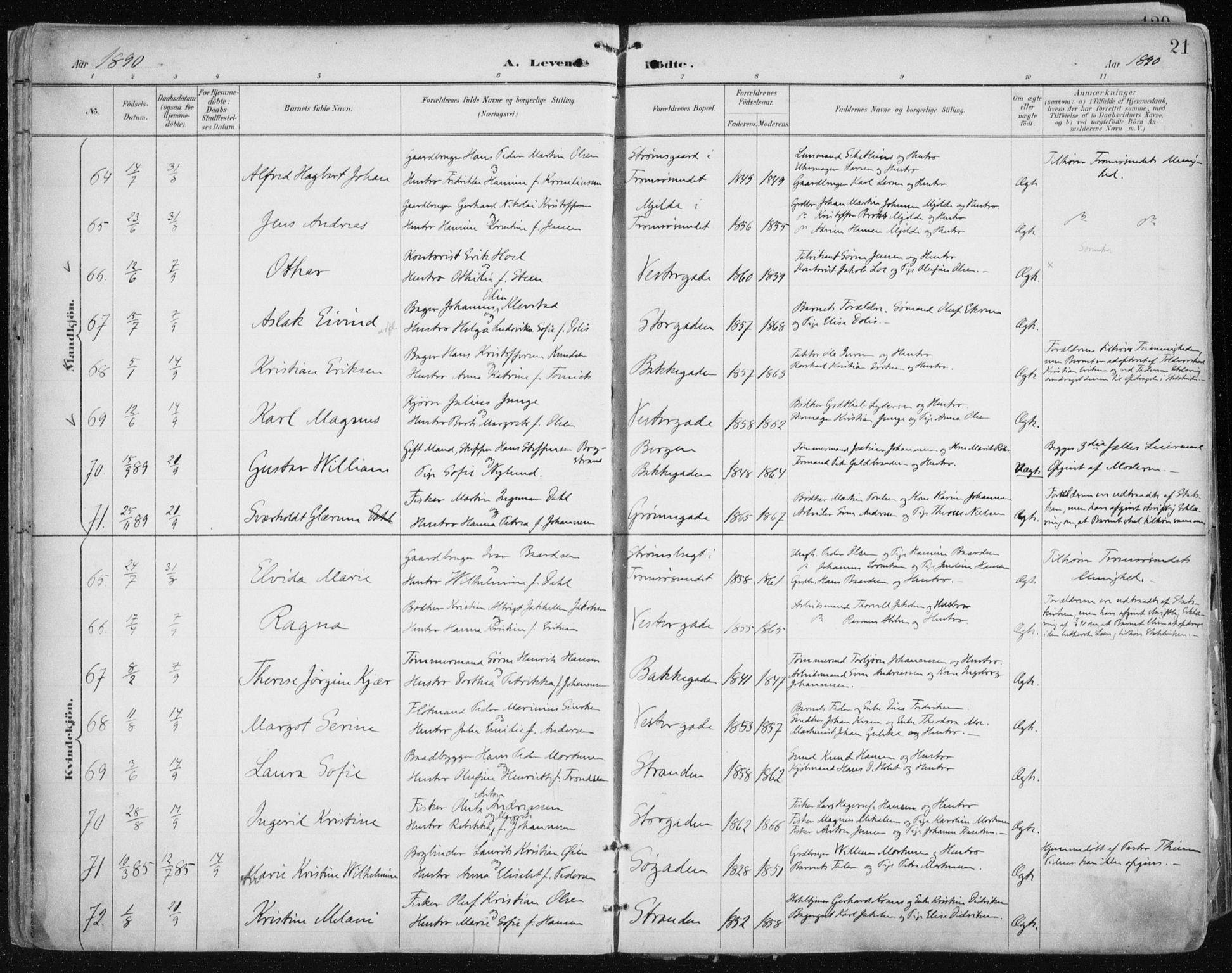 Tromsø sokneprestkontor/stiftsprosti/domprosti, SATØ/S-1343/G/Ga/L0015kirke: Parish register (official) no. 15, 1889-1899, p. 21