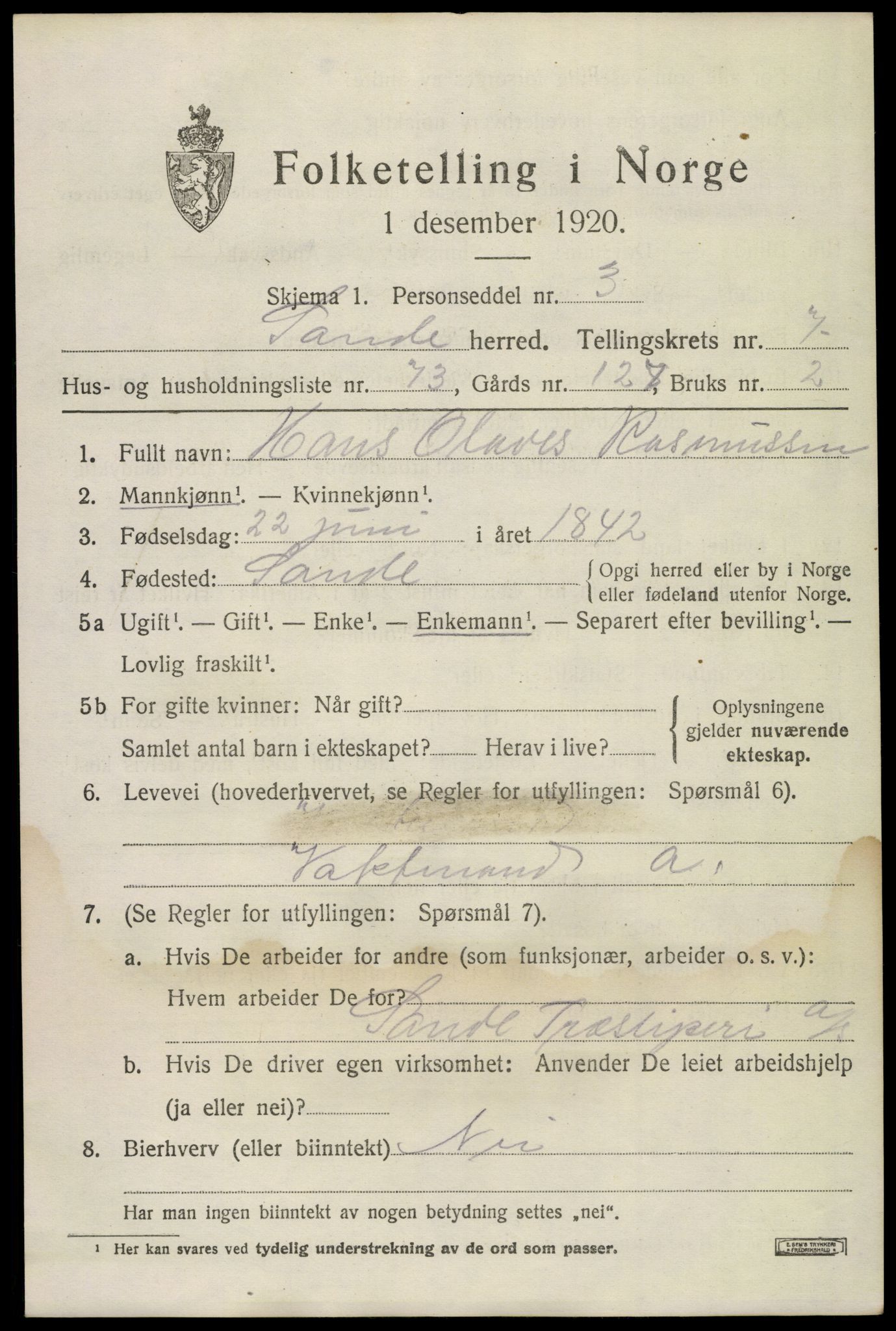 SAKO, 1920 census for Sande, 1920, p. 8954