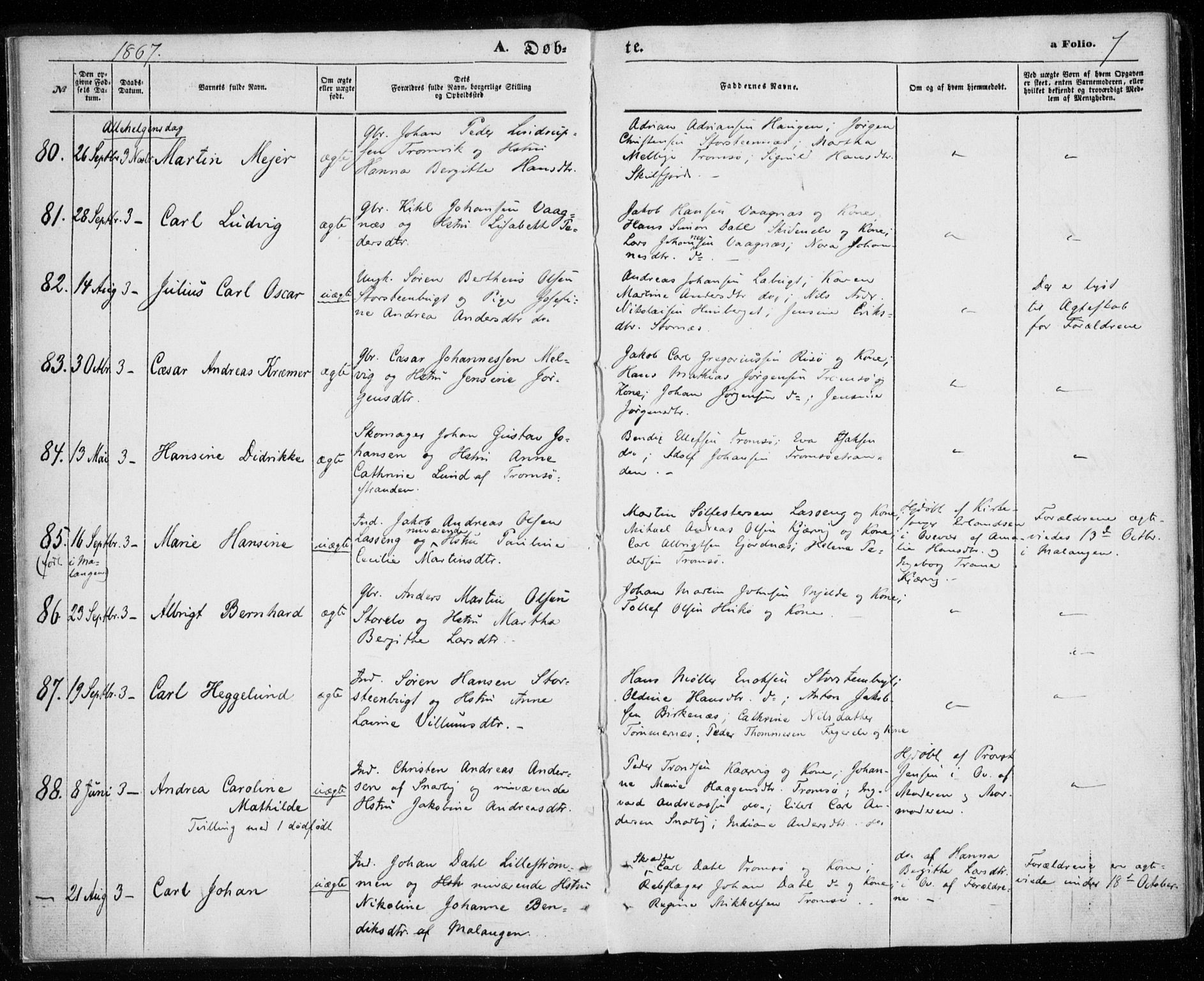 Tromsøysund sokneprestkontor, AV/SATØ-S-1304/G/Ga/L0002kirke: Parish register (official) no. 2, 1867-1875, p. 7