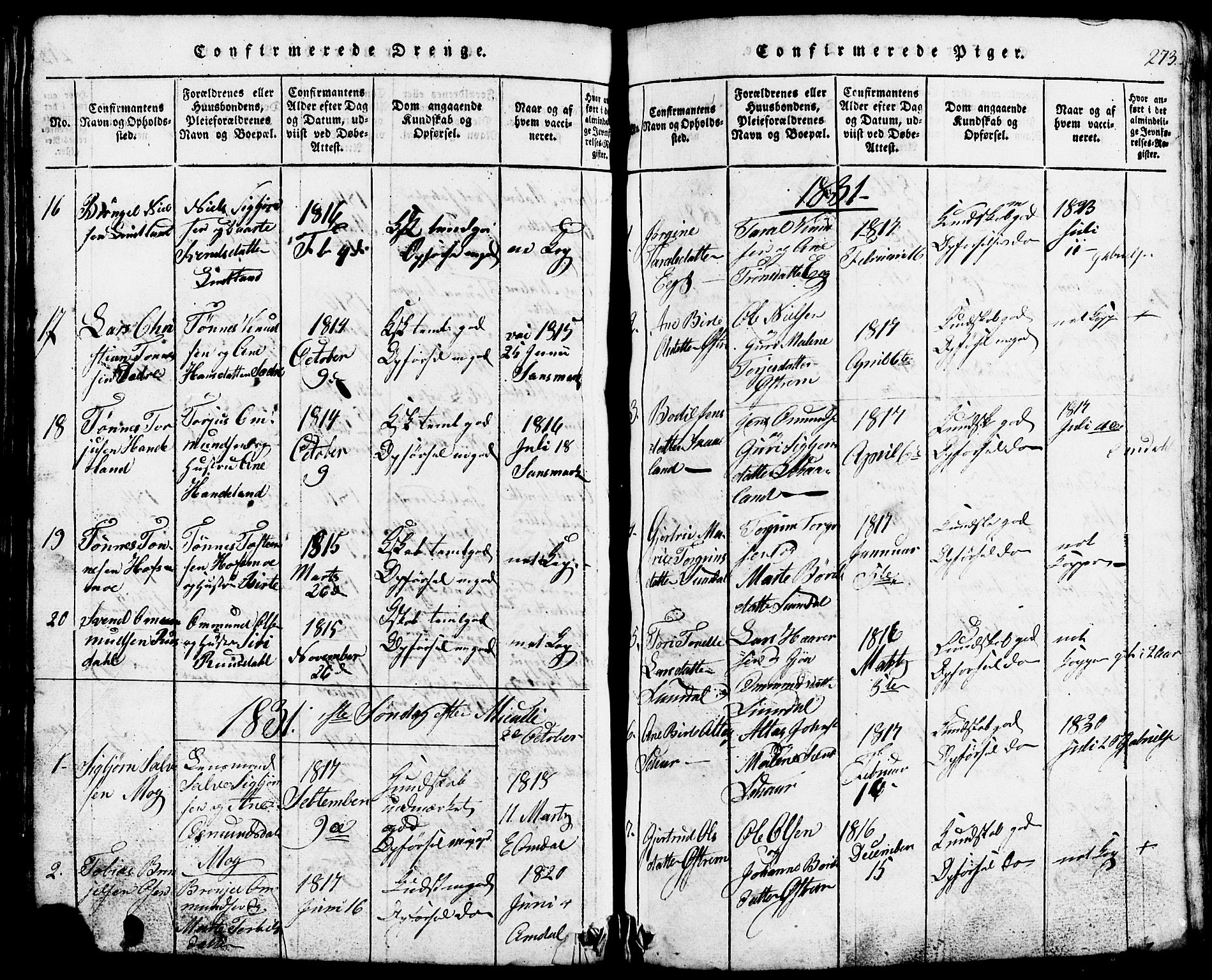 Lund sokneprestkontor, SAST/A-101809/S07/L0002: Parish register (copy) no. B 2, 1816-1832, p. 273