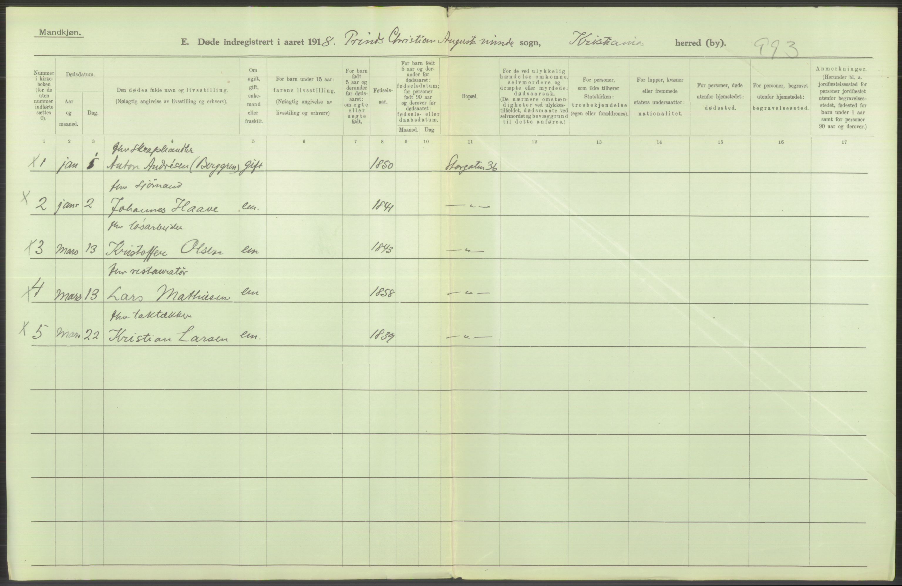 Statistisk sentralbyrå, Sosiodemografiske emner, Befolkning, RA/S-2228/D/Df/Dfb/Dfbh/L0011: Kristiania: Døde, dødfødte, 1918, p. 194