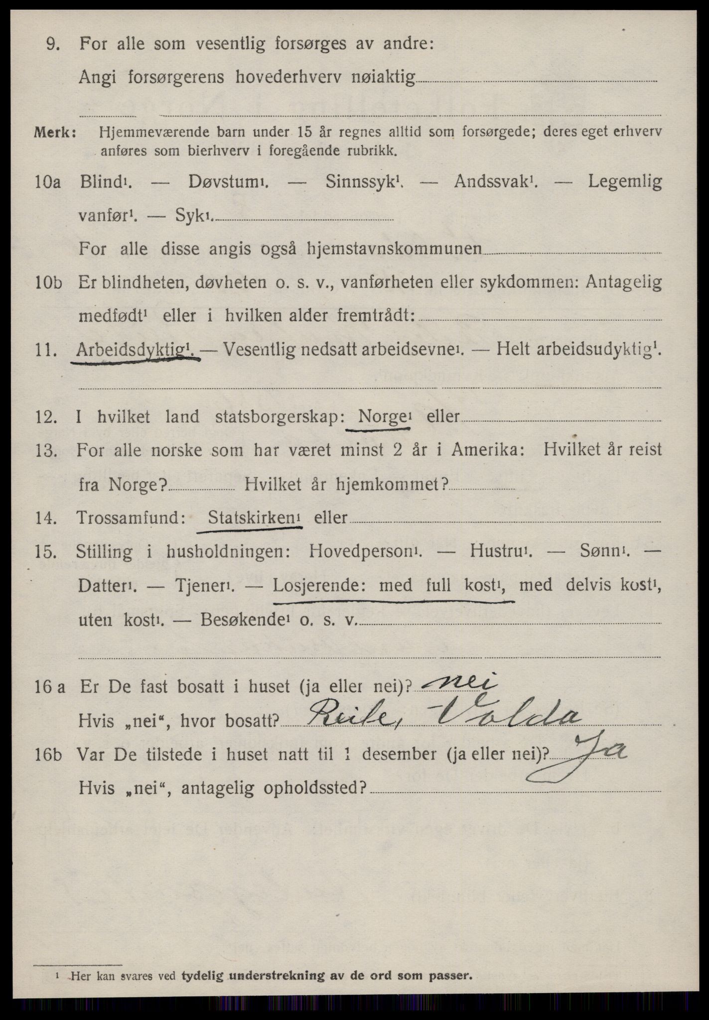 SAT, 1920 census for Volda, 1920, p. 9563