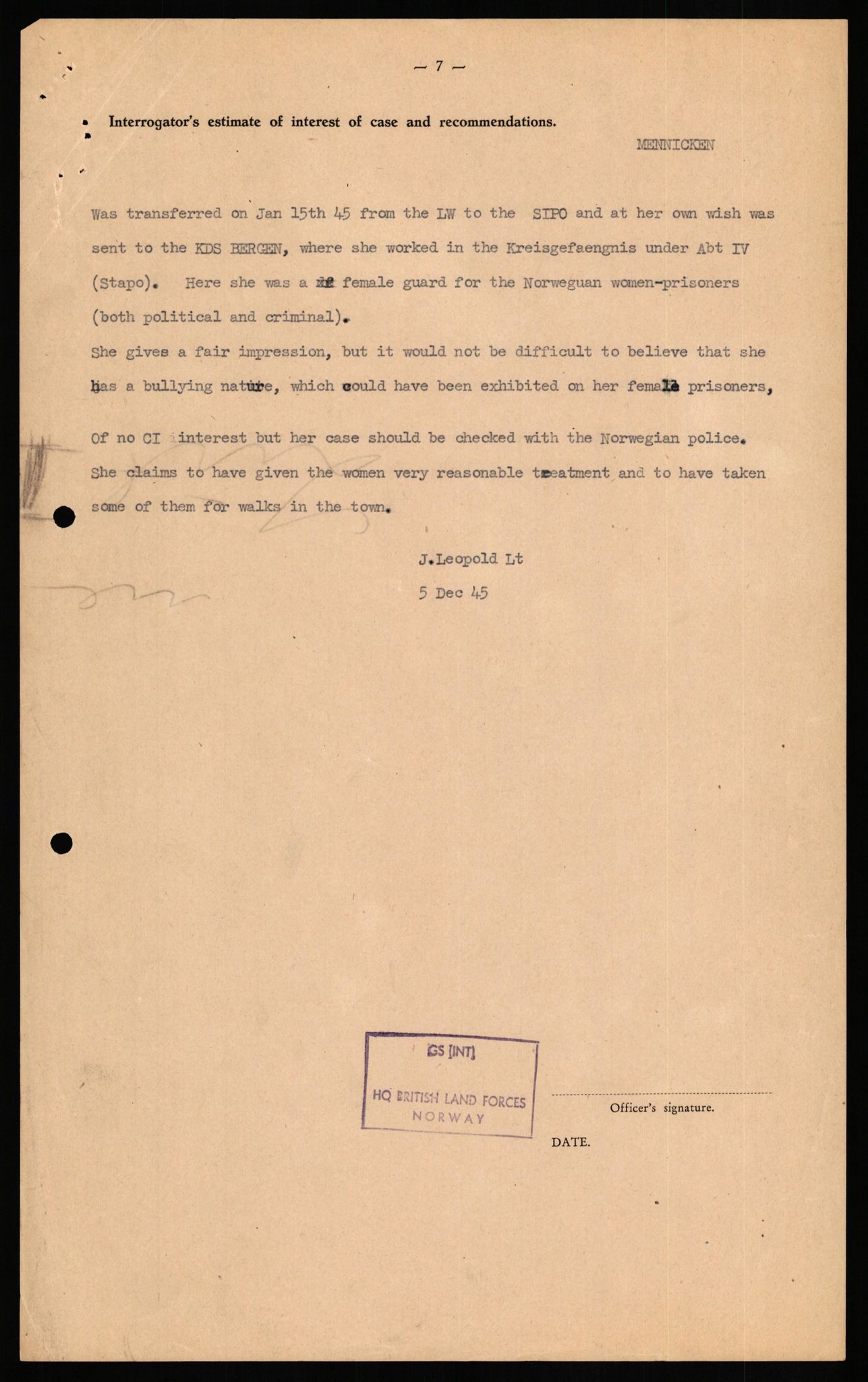 Forsvaret, Forsvarets overkommando II, RA/RAFA-3915/D/Db/L0021: CI Questionaires. Tyske okkupasjonsstyrker i Norge. Tyskere., 1945-1946, p. 376