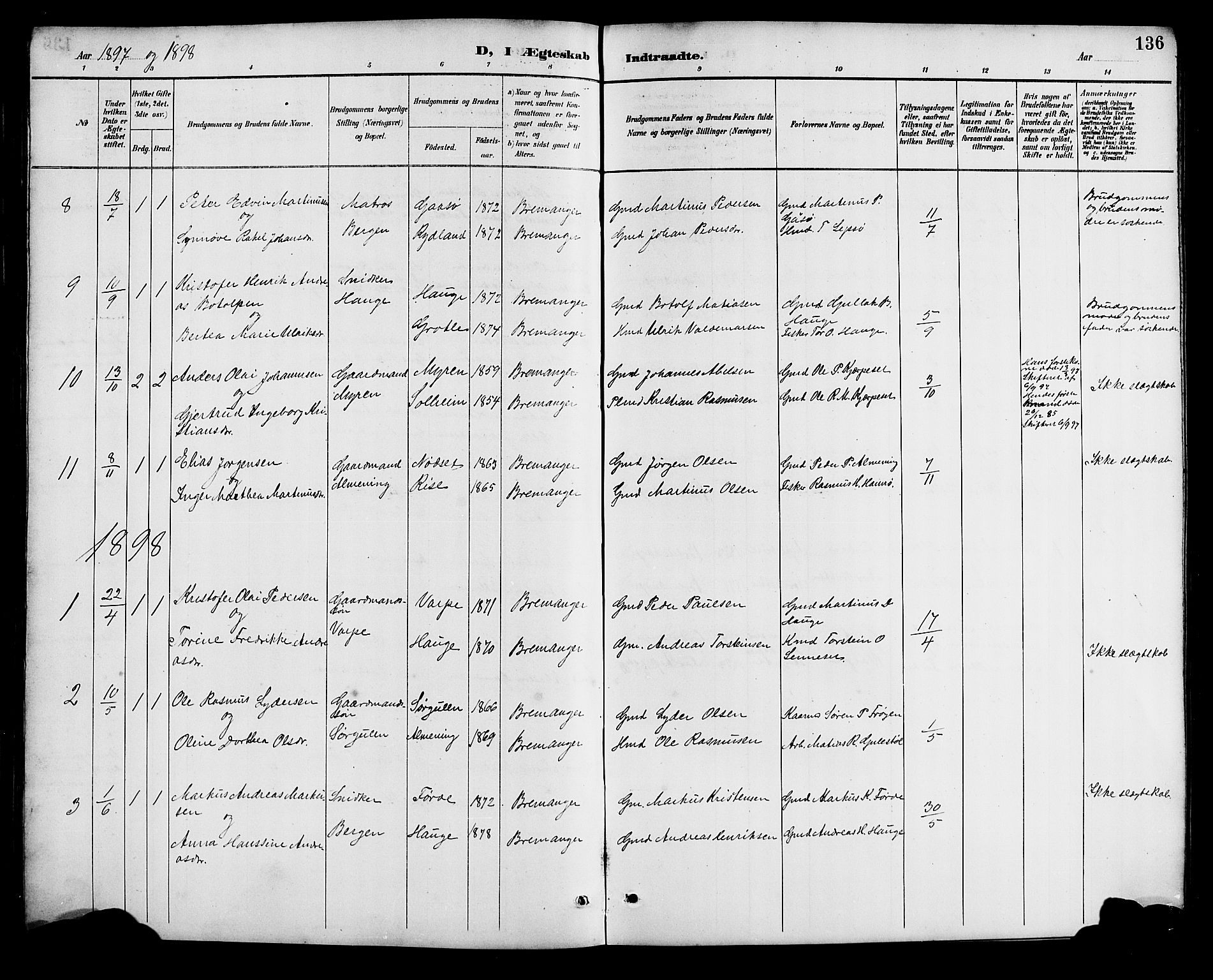 Bremanger sokneprestembete, SAB/A-82201/H/Hab/Haba/L0003: Parish register (copy) no. A 3, 1890-1908, p. 136