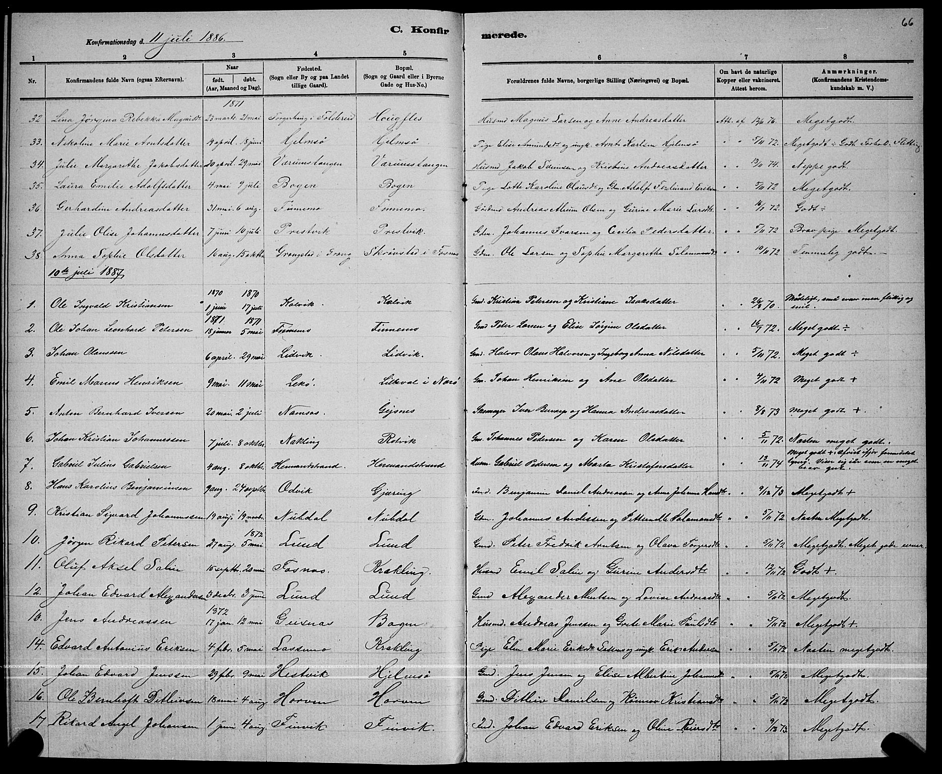 Ministerialprotokoller, klokkerbøker og fødselsregistre - Nord-Trøndelag, AV/SAT-A-1458/780/L0651: Parish register (copy) no. 780C03, 1884-1898, p. 66