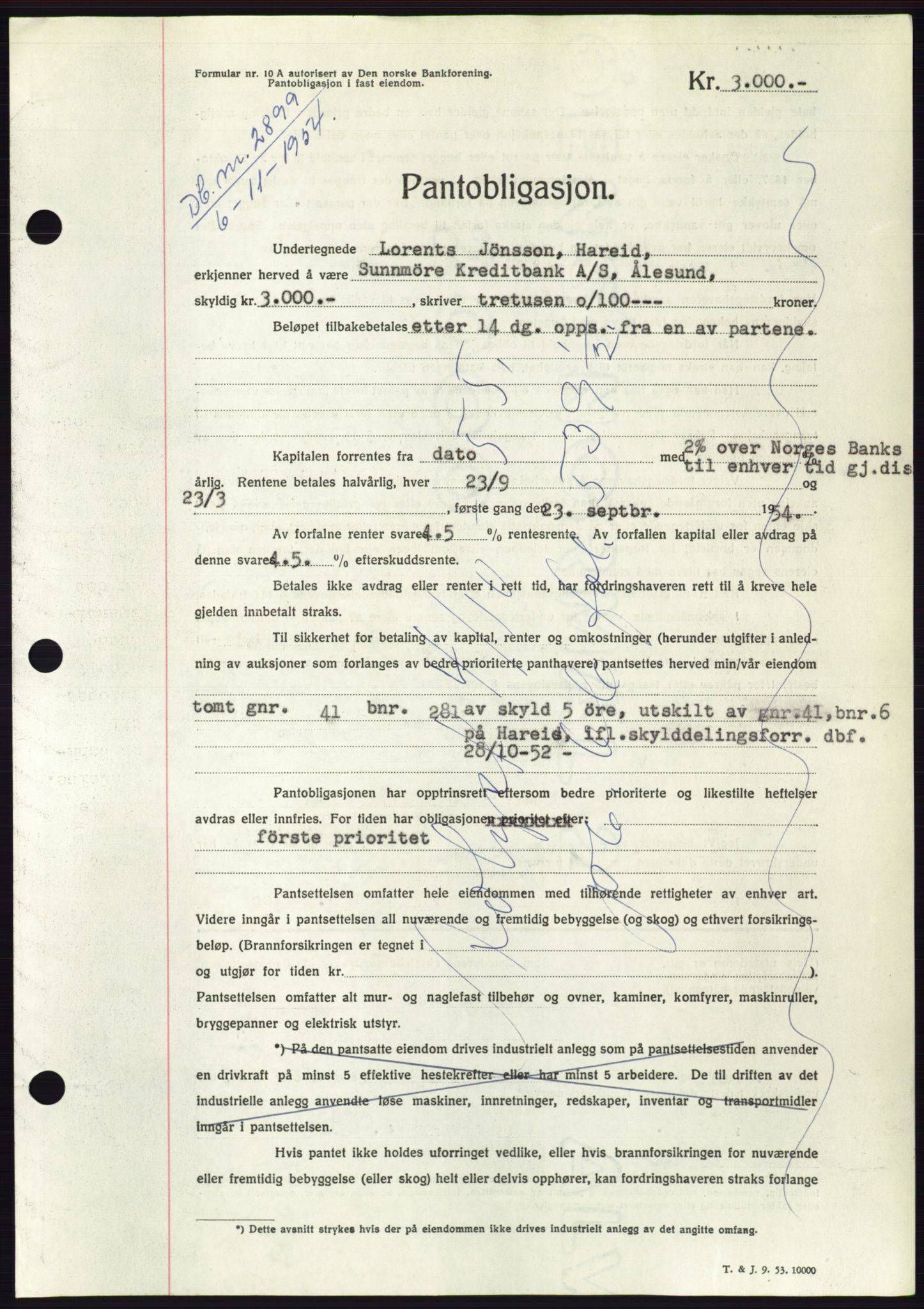 Søre Sunnmøre sorenskriveri, AV/SAT-A-4122/1/2/2C/L0126: Mortgage book no. 14B, 1954-1955, Diary no: : 2899/1954