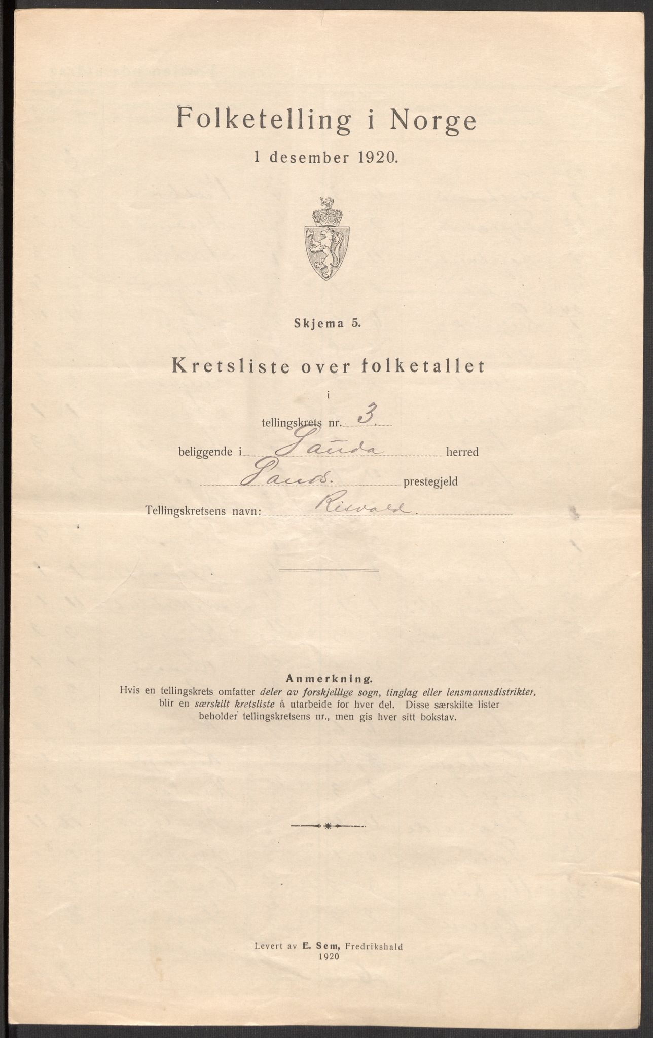 SAST, 1920 census for Sauda, 1920, p. 15