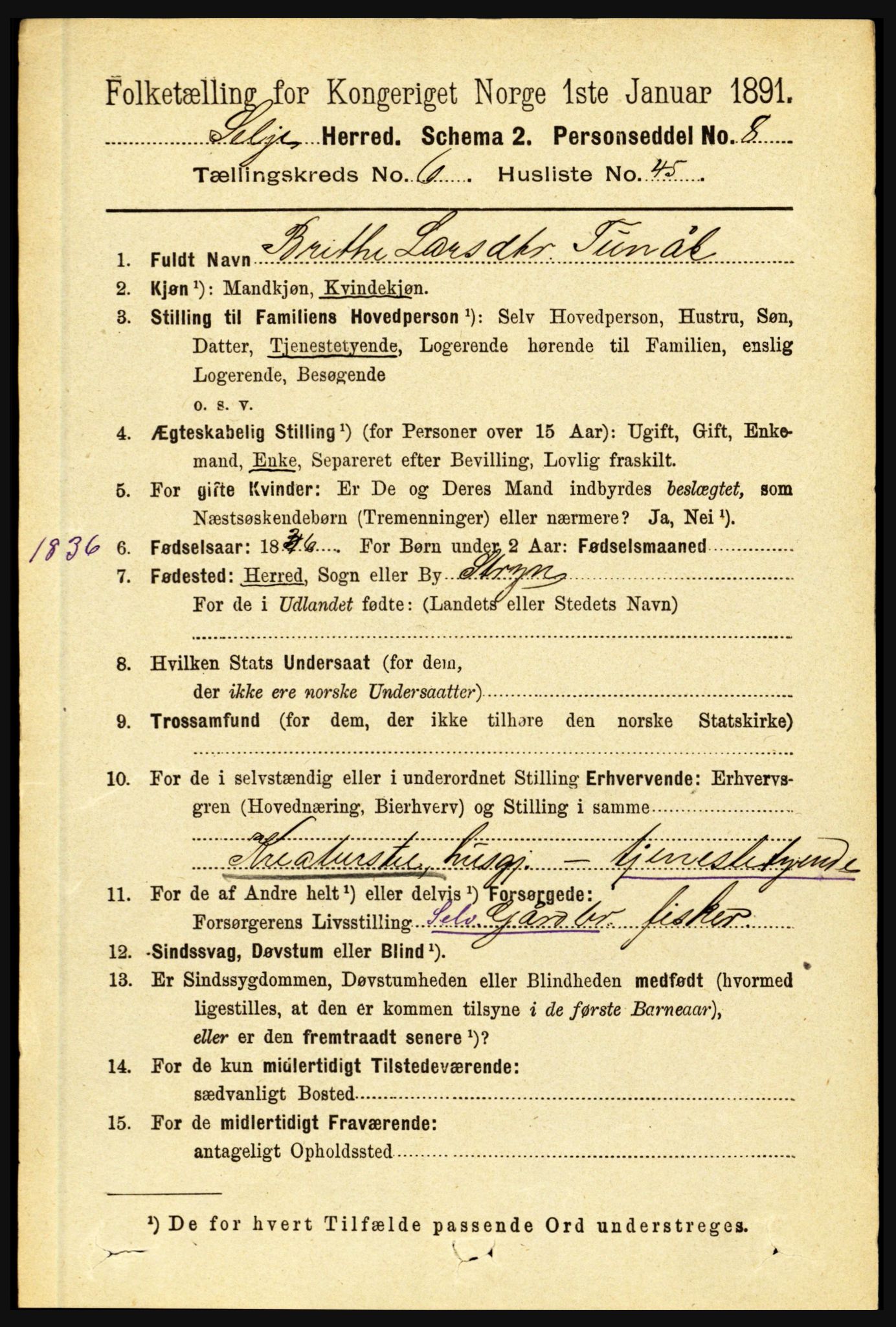 RA, 1891 census for 1441 Selje, 1891, p. 1941