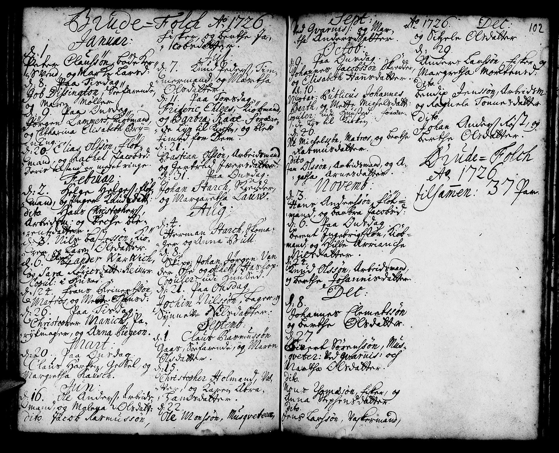 Korskirken sokneprestembete, SAB/A-76101/H/Haa/L0008: Parish register (official) no. A 8, 1698-1747, p. 102
