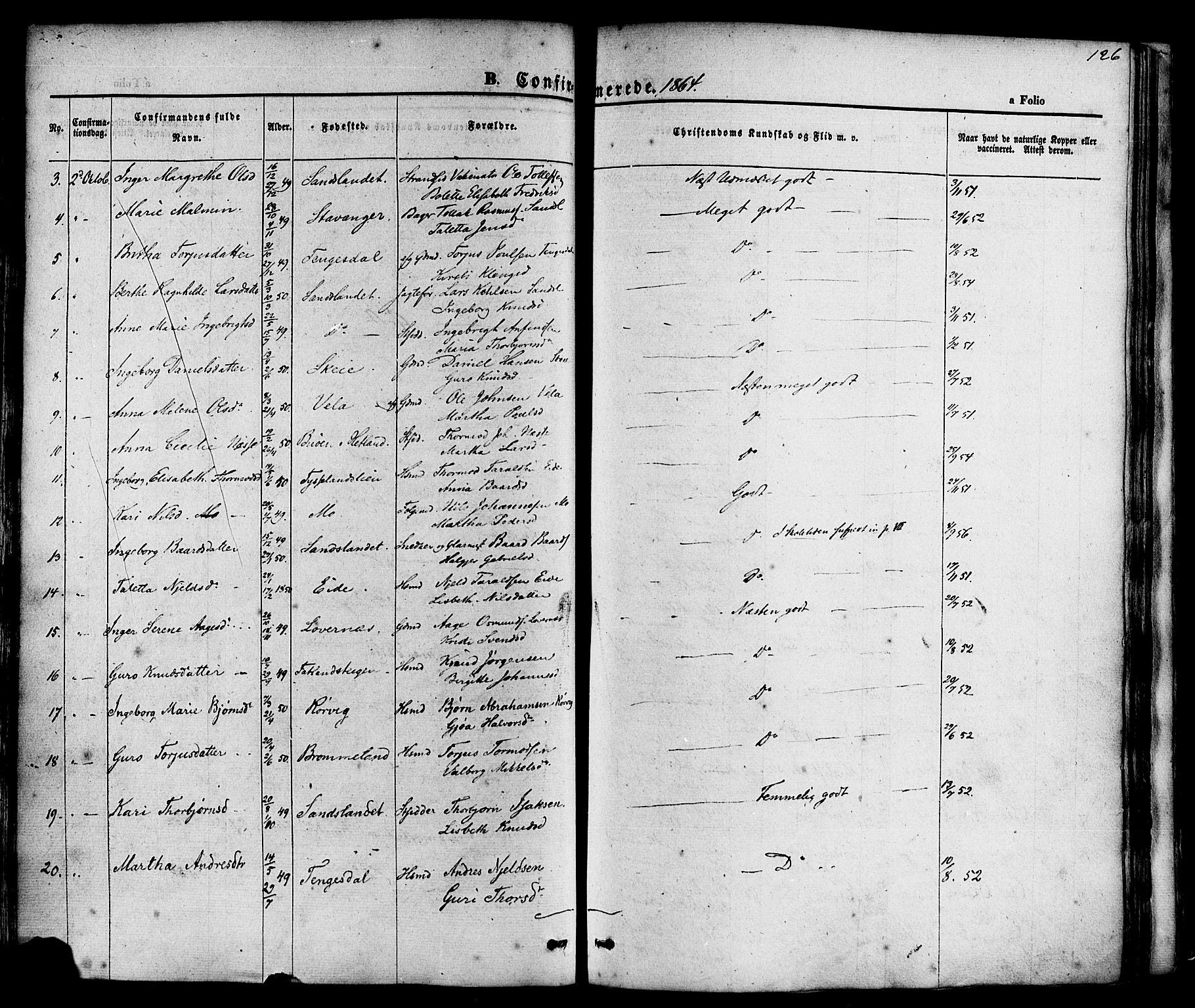 Sand sokneprestkontor, AV/SAST-A-101848/01/III/L0003: Parish register (official) no. A 3, 1854-1879, p. 126