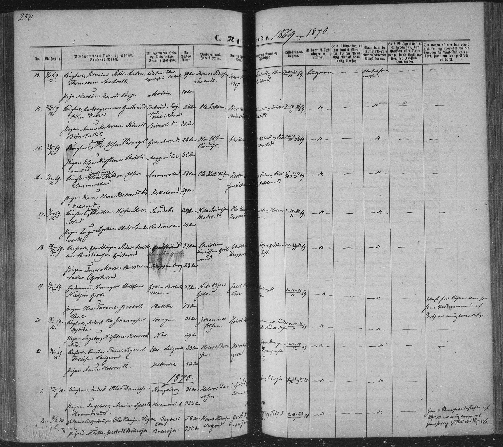 Sandsvær kirkebøker, AV/SAKO-A-244/F/Fa/L0007: Parish register (official) no. I 7, 1869-1877, p. 250