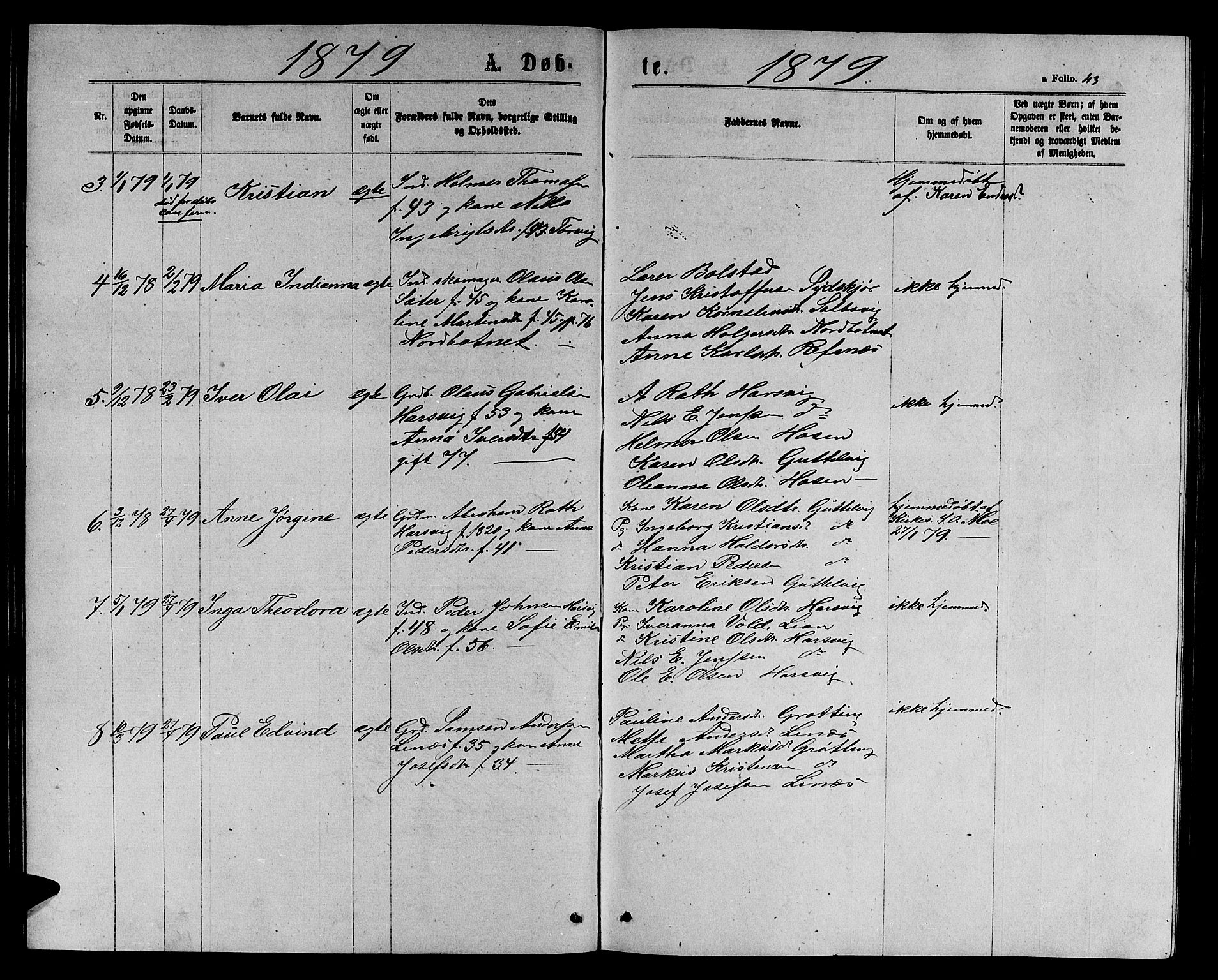 Ministerialprotokoller, klokkerbøker og fødselsregistre - Sør-Trøndelag, SAT/A-1456/656/L0695: Parish register (copy) no. 656C01, 1867-1889, p. 43