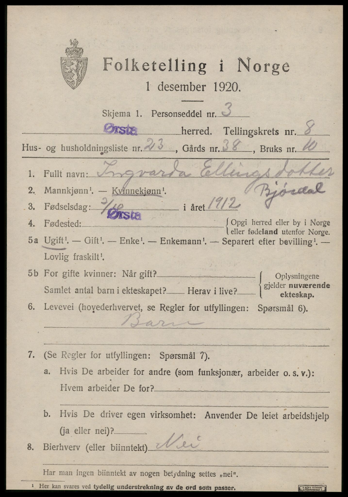 SAT, 1920 census for Ørsta, 1920, p. 6282