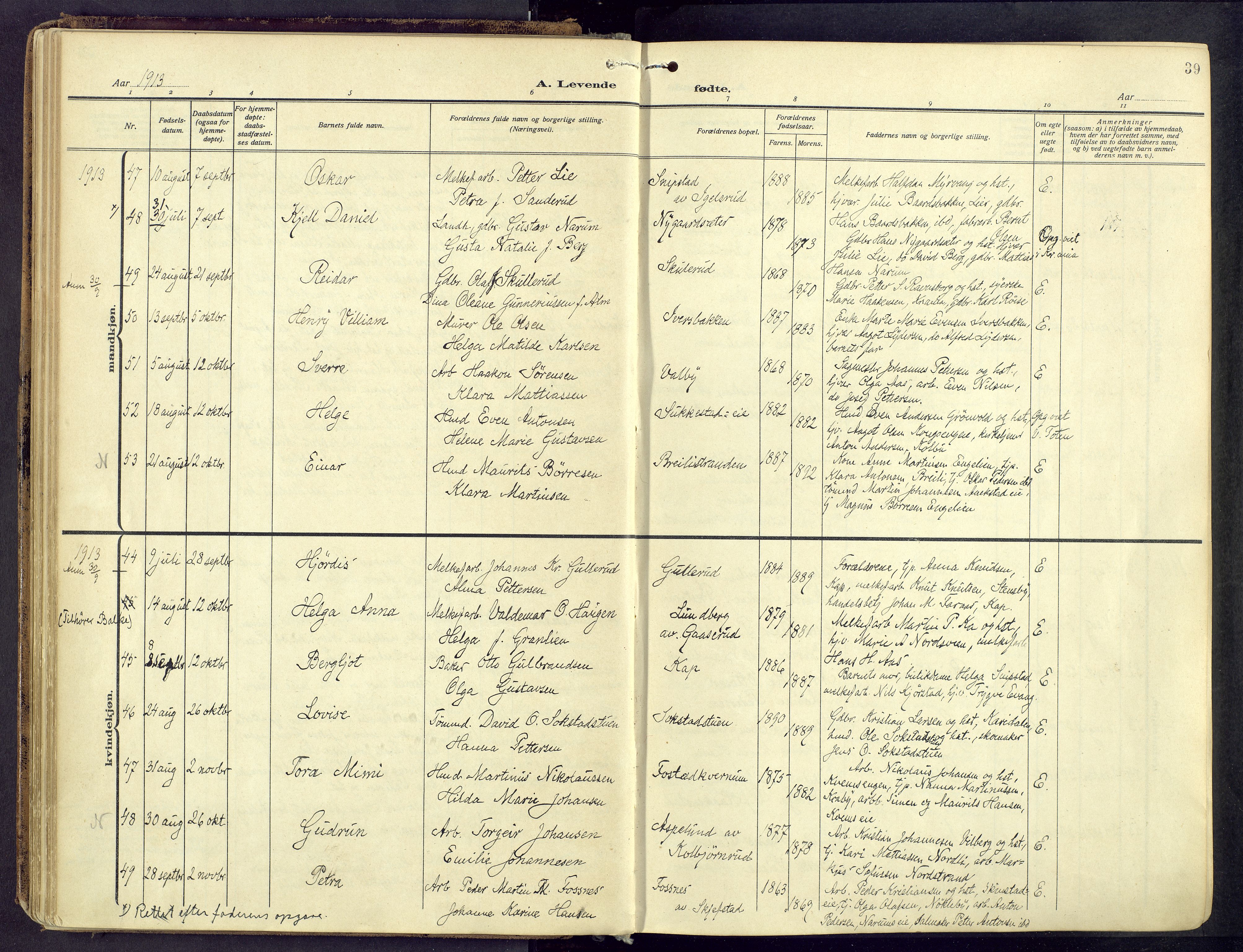 Østre Toten prestekontor, AV/SAH-PREST-104/H/Ha/Haa/L0010: Parish register (official) no. 10, 1910-1920, p. 39