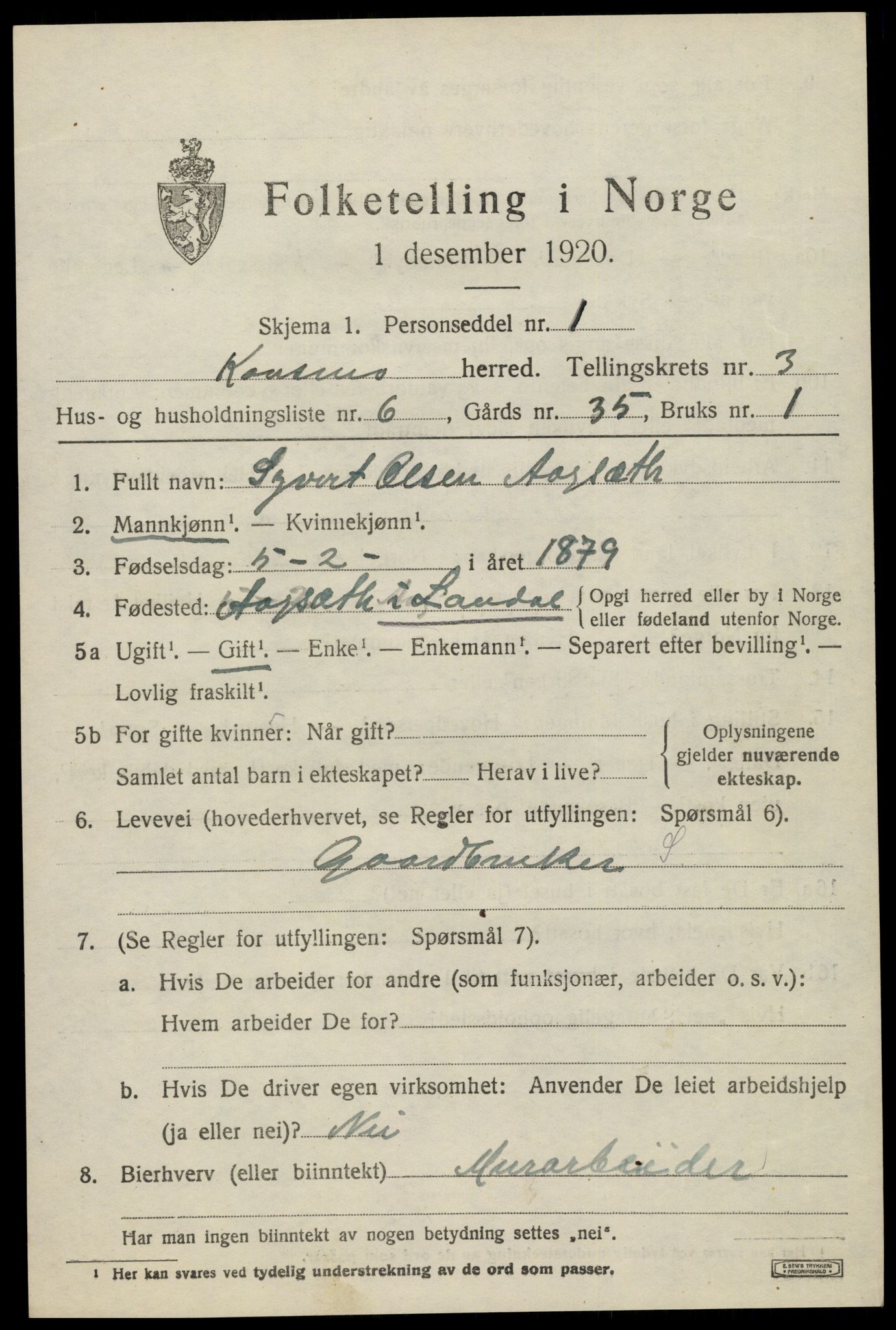 SAK, 1920 census for Konsmo, 1920, p. 1166