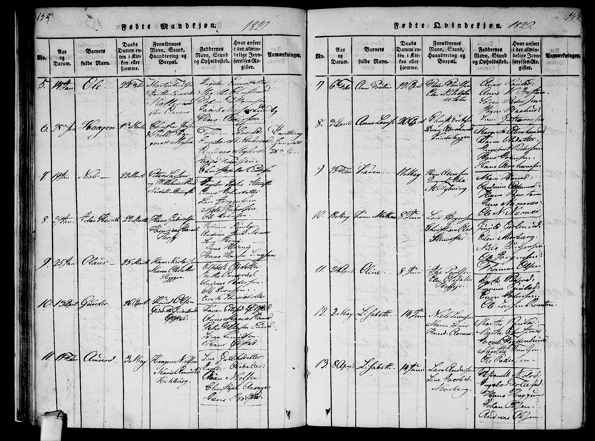 Røyken kirkebøker, SAKO/A-241/F/Fa/L0004: Parish register (official) no. 4, 1814-1832, p. 154-155