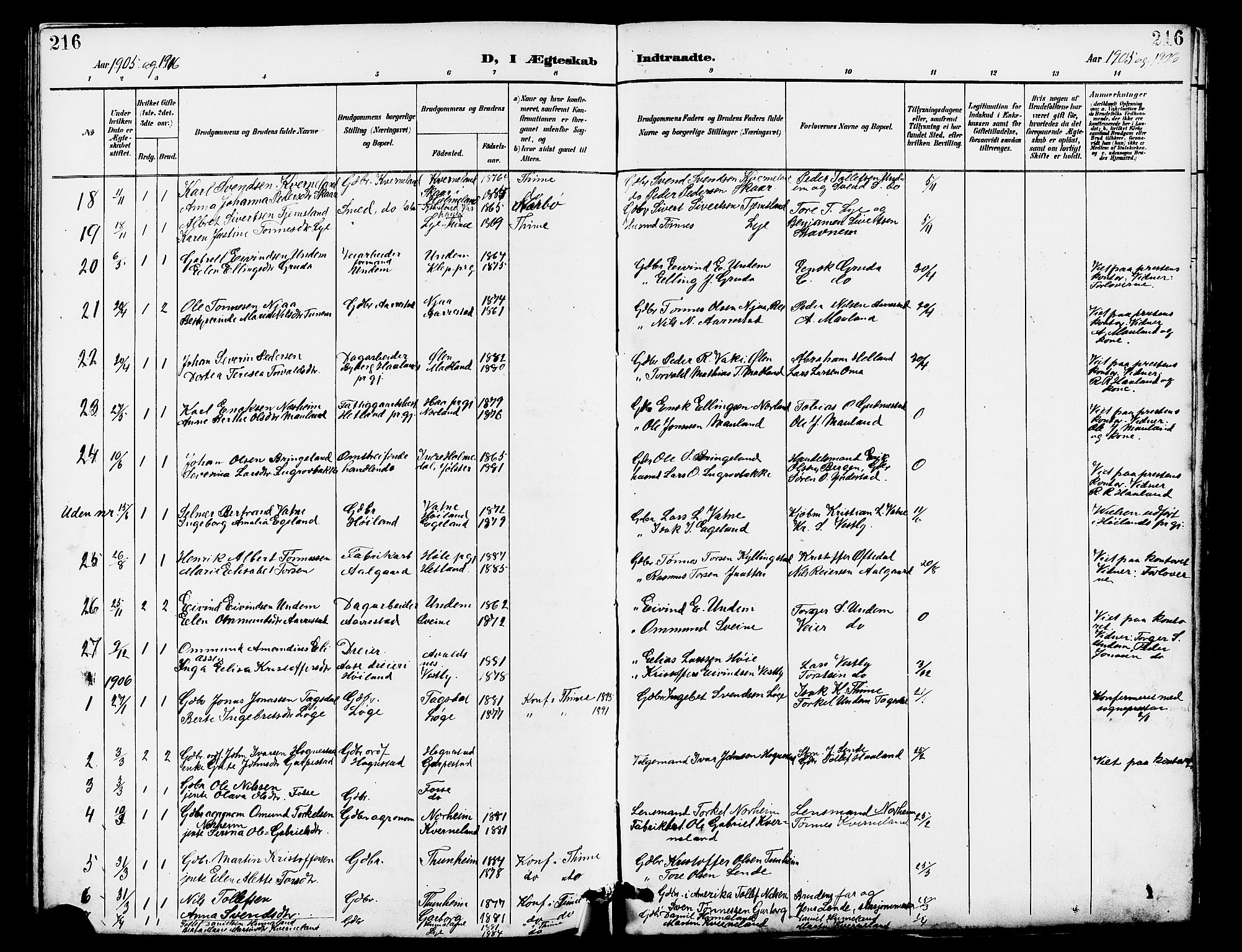 Lye sokneprestkontor, AV/SAST-A-101794/001/30BB/L0007: Parish register (copy) no. B 8, 1889-1909, p. 216