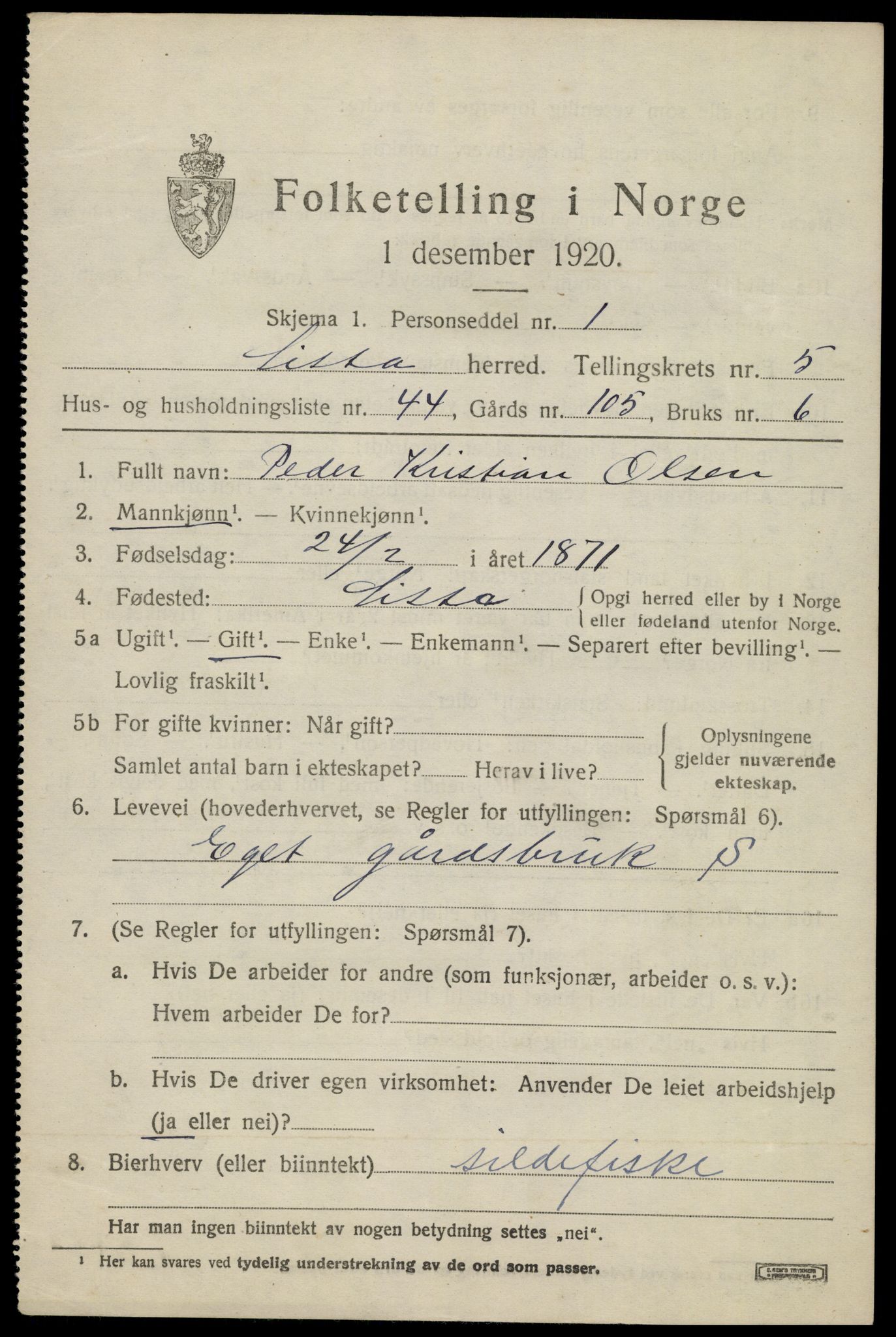 SAK, 1920 census for Lista, 1920, p. 5977