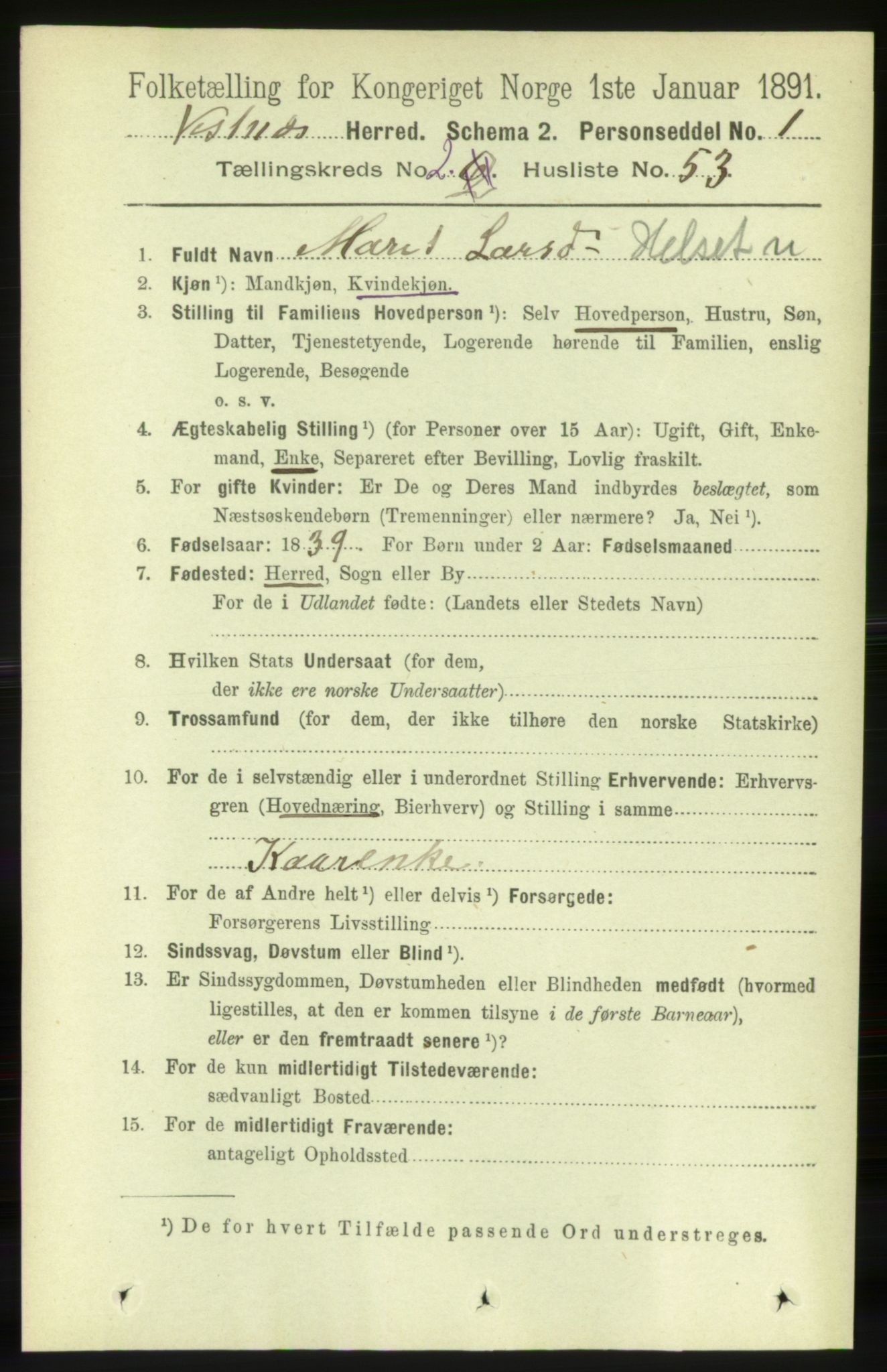 RA, 1891 census for 1535 Vestnes, 1891, p. 452