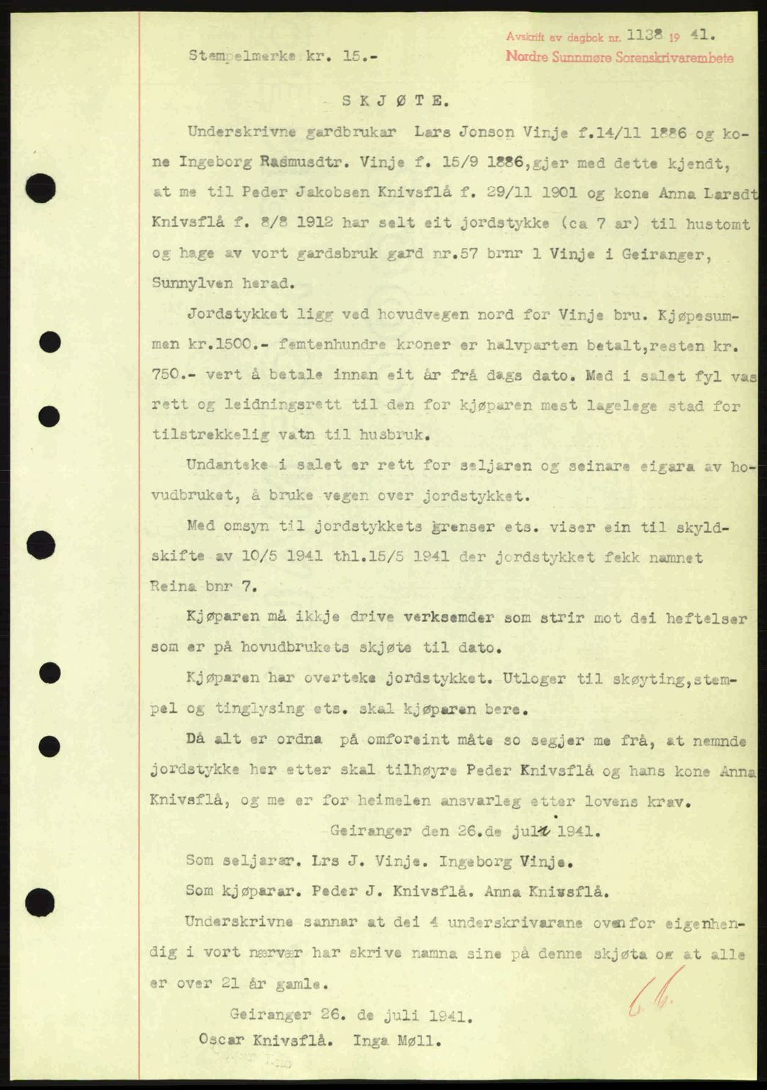 Nordre Sunnmøre sorenskriveri, SAT/A-0006/1/2/2C/2Ca: Mortgage book no. A11, 1941-1941, Diary no: : 1138/1941