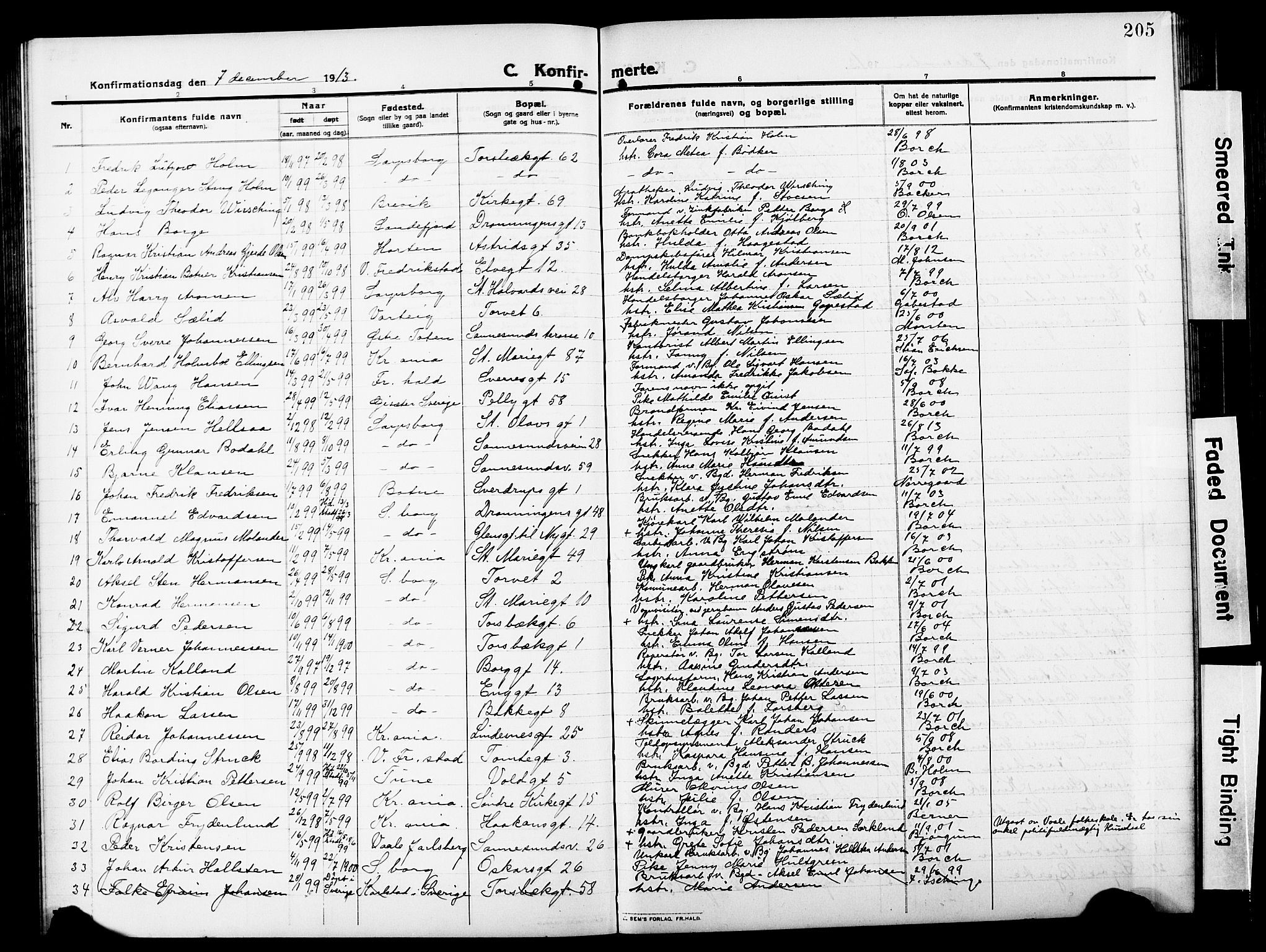 Sarpsborg prestekontor Kirkebøker, AV/SAO-A-2006/G/Ga/L0002: Parish register (copy) no. 2, 1912-1931, p. 205