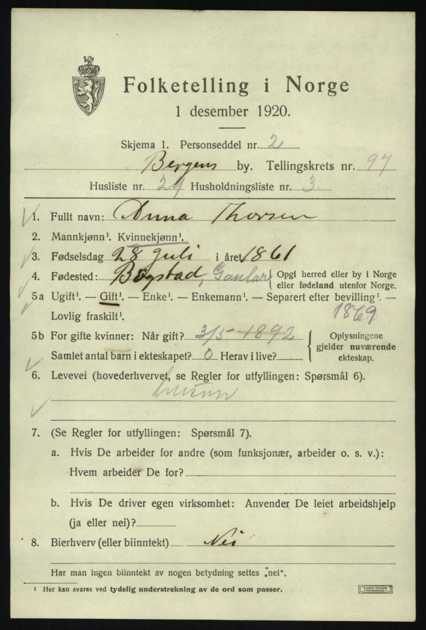 SAB, 1920 census for Bergen, 1920, p. 172064