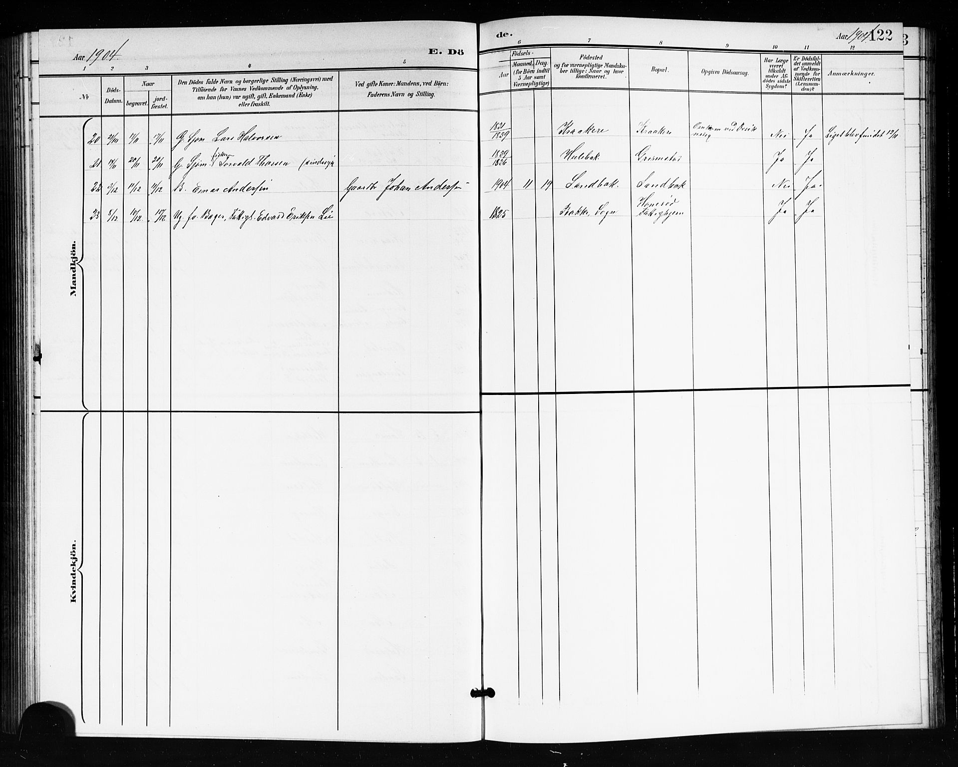Tjøme kirkebøker, SAKO/A-328/G/Ga/L0001: Parish register (copy) no. 1, 1901-1910, p. 122