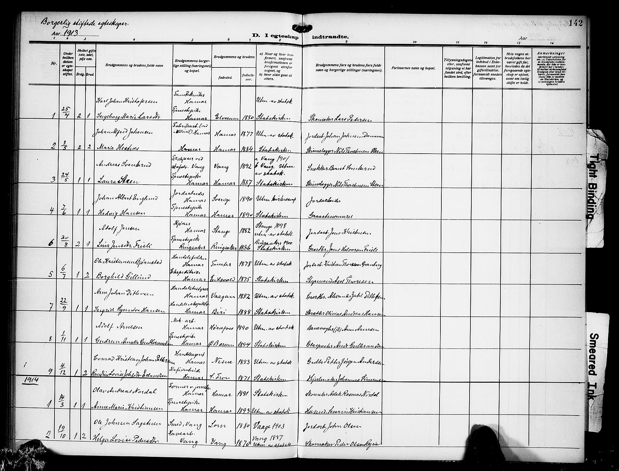 Hamar prestekontor, SAH/DOMPH-002/H/Ha/Hab/L0003: Parish register (copy) no. 3, 1913-1930, p. 142