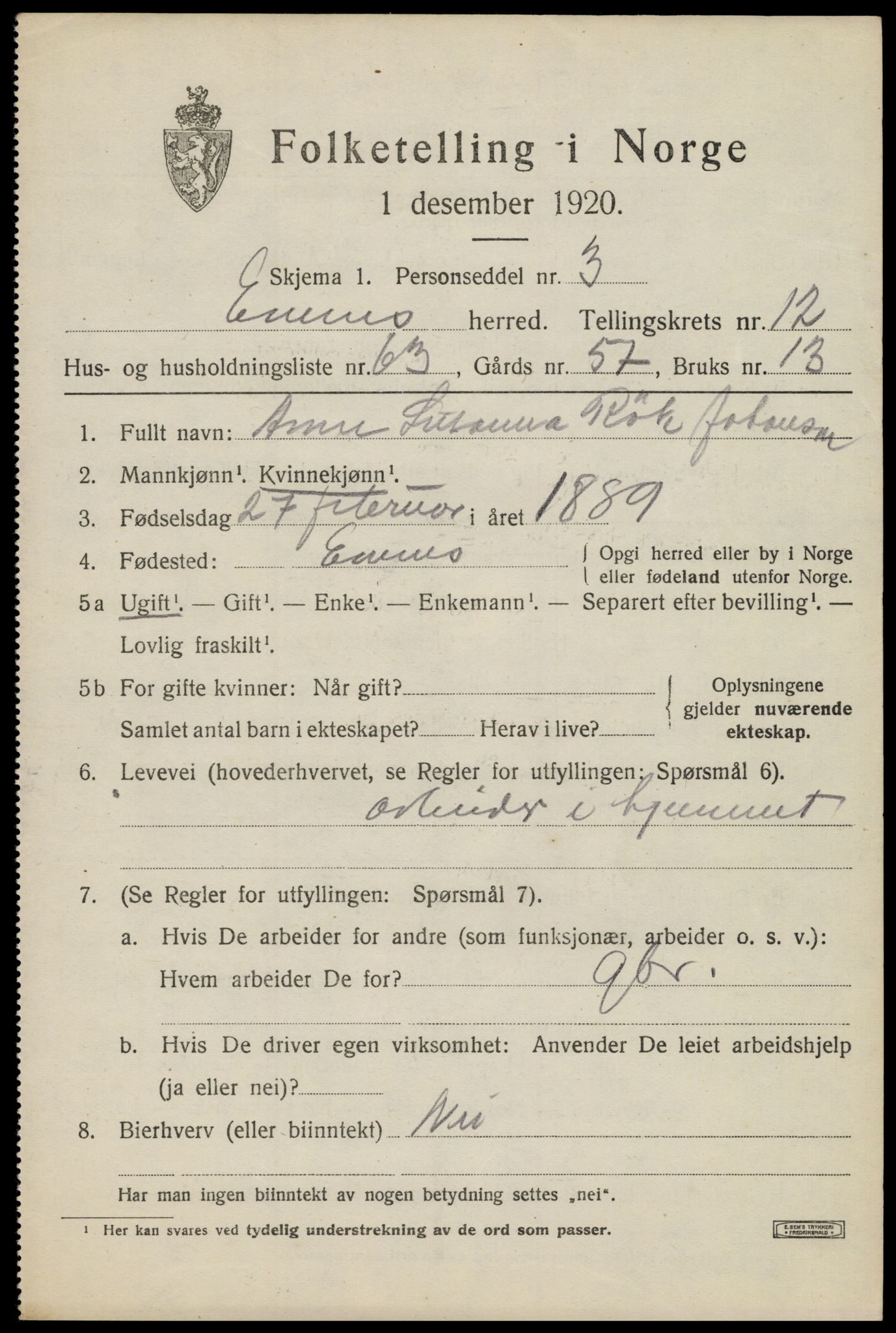 SAT, 1920 census for Evenes, 1920, p. 11886