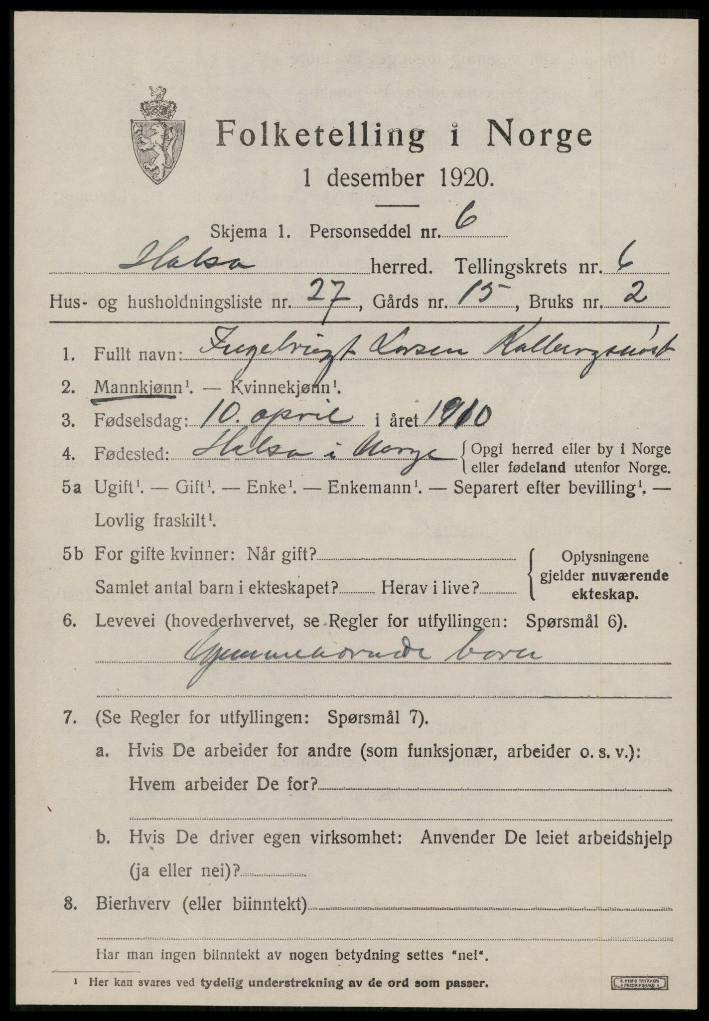 SAT, 1920 census for Halsa, 1920, p. 2547