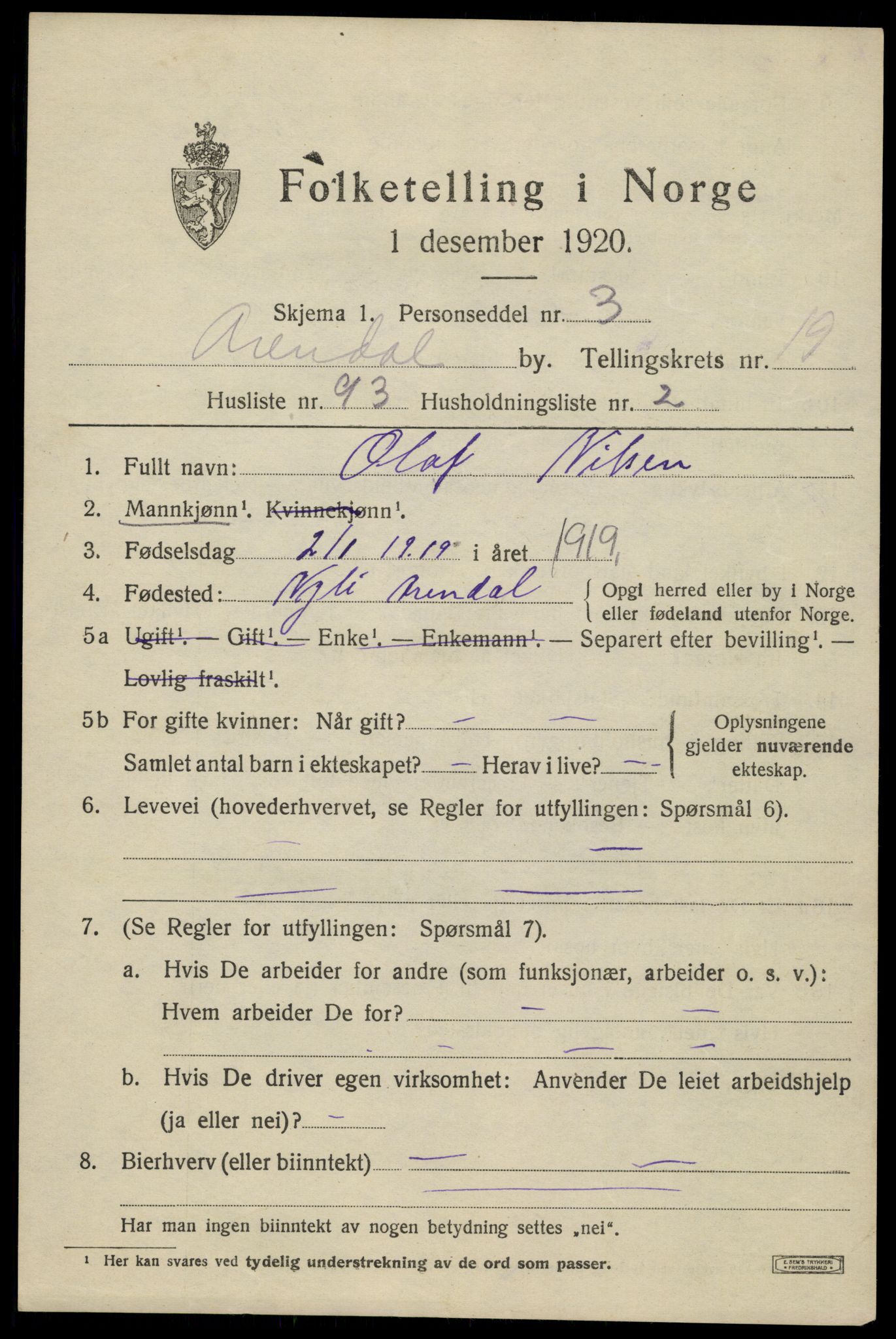 SAK, 1920 census for Arendal, 1920, p. 26844