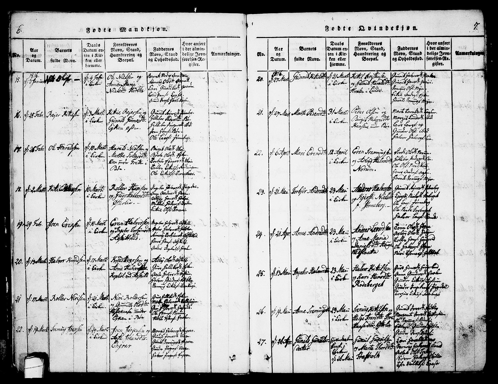 Bø kirkebøker, AV/SAKO-A-257/G/Ga/L0001: Parish register (copy) no. 1, 1815-1831, p. 6-7