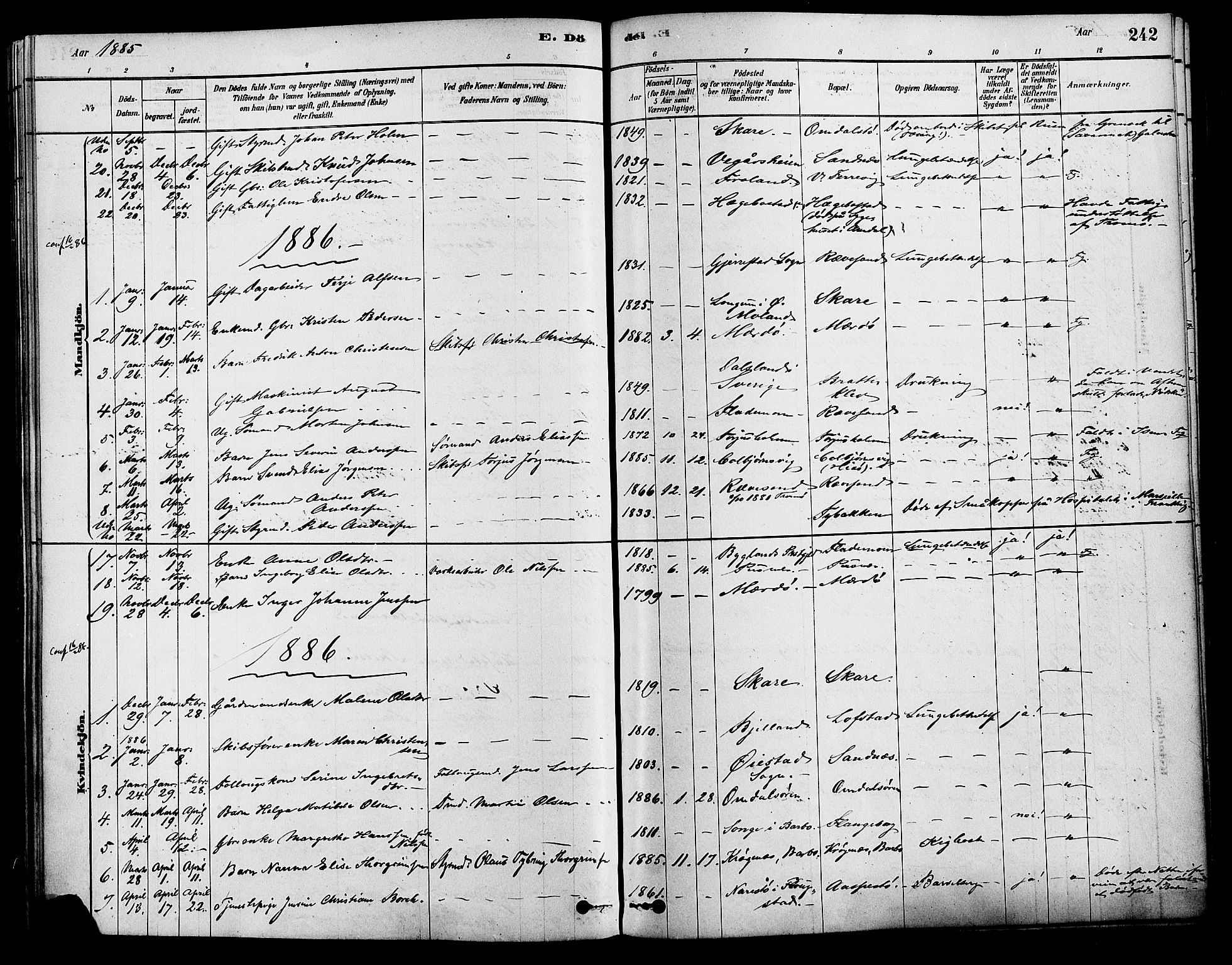 Tromøy sokneprestkontor, AV/SAK-1111-0041/F/Fa/L0009: Parish register (official) no. A 9, 1878-1896, p. 242