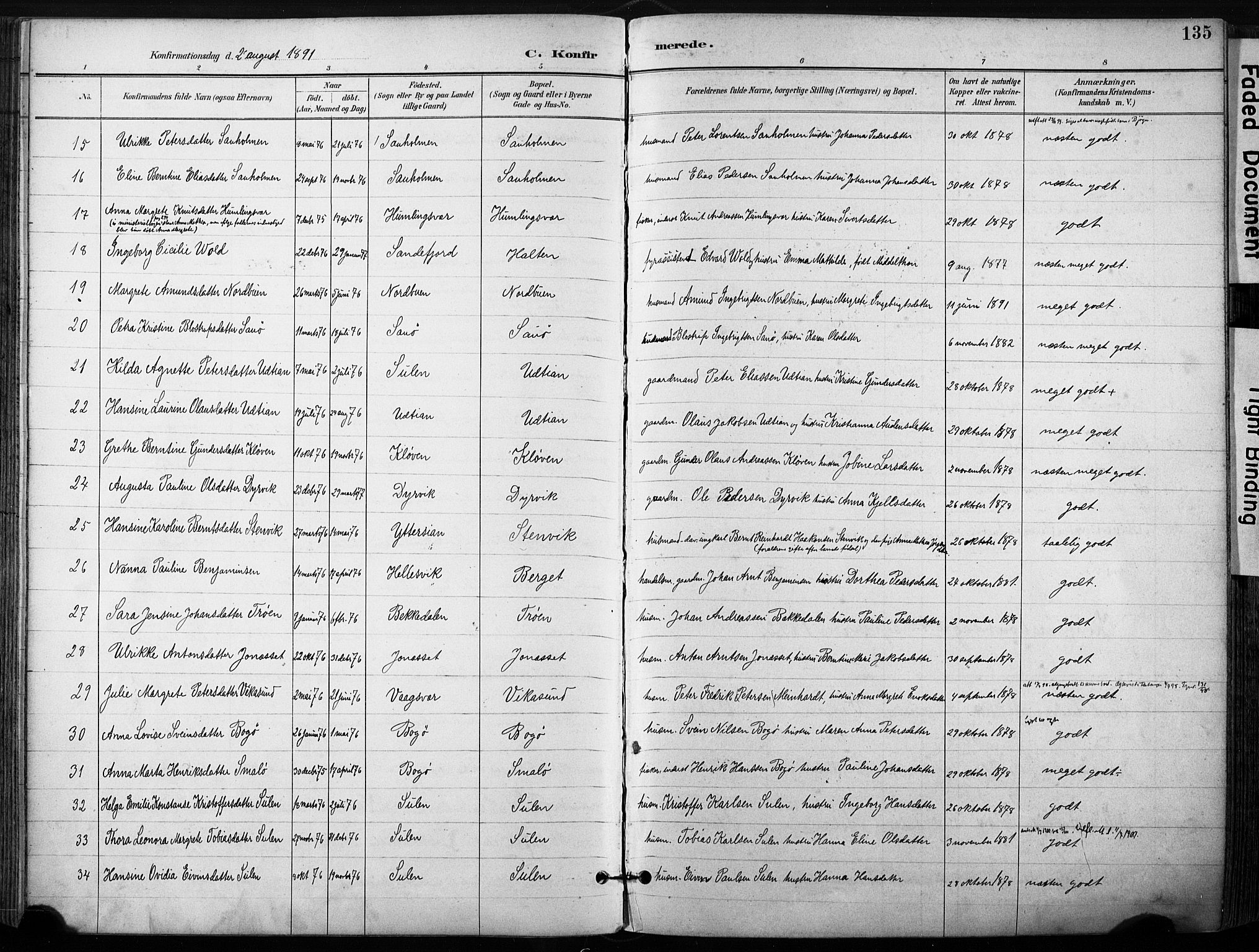 Ministerialprotokoller, klokkerbøker og fødselsregistre - Sør-Trøndelag, SAT/A-1456/640/L0579: Parish register (official) no. 640A04, 1889-1902, p. 135