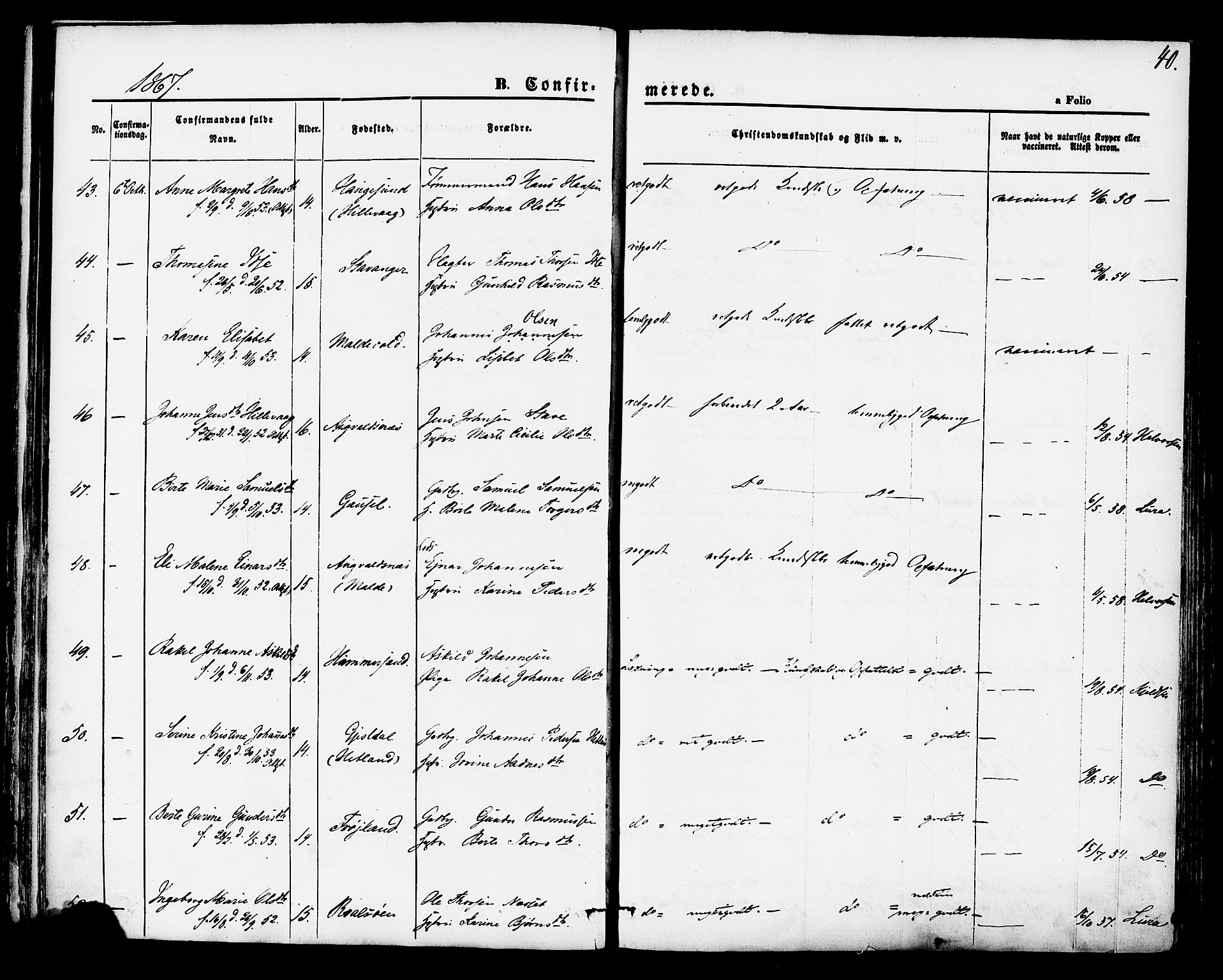 Hetland sokneprestkontor, AV/SAST-A-101826/30/30BA/L0004: Parish register (official) no. A 4, 1862-1881, p. 40