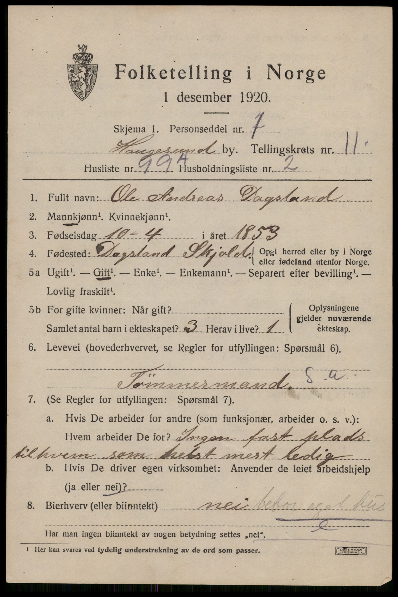 SAST, 1920 census for Haugesund, 1920, p. 37955