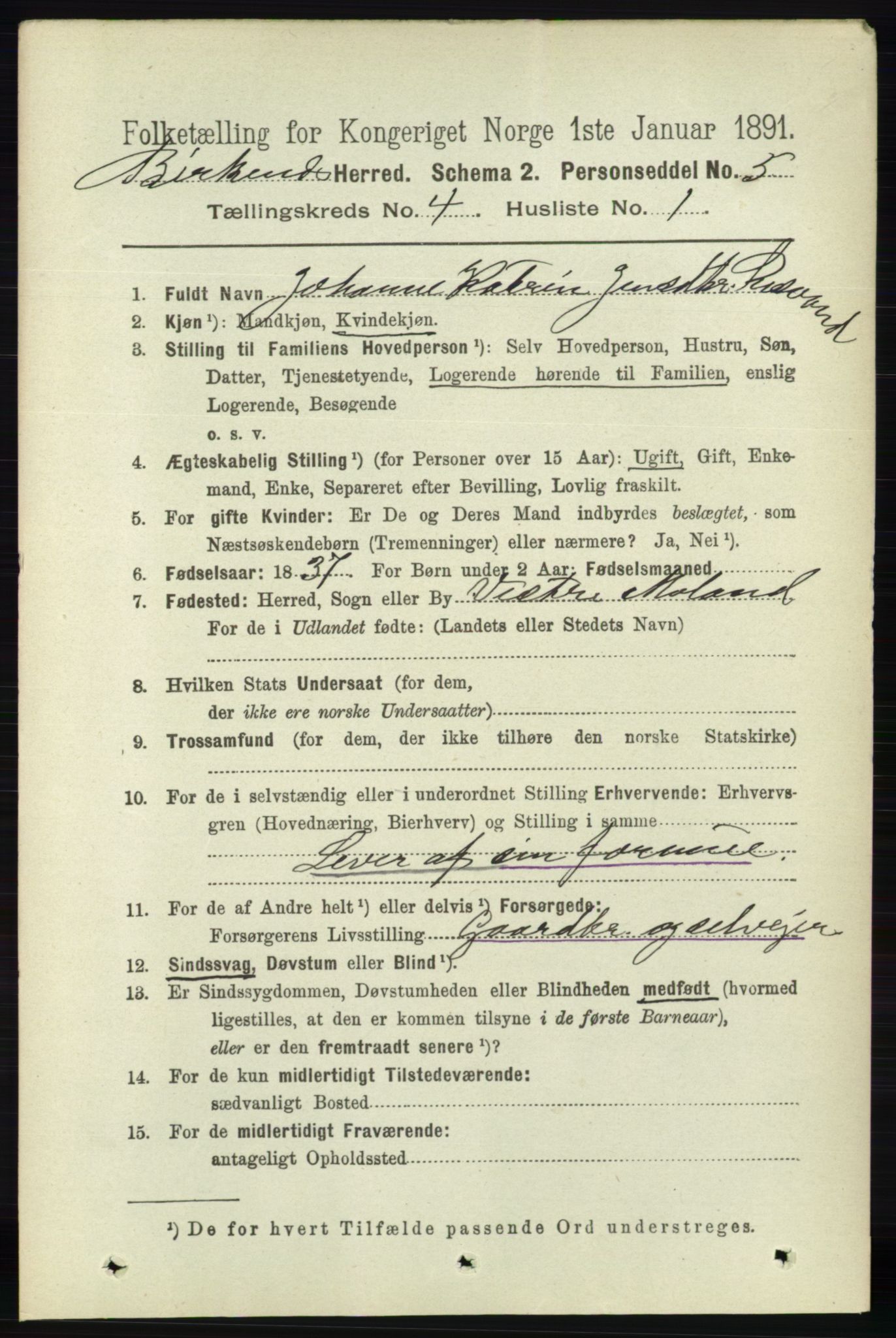 RA, 1891 Census for 0928 Birkenes, 1891, p. 1252