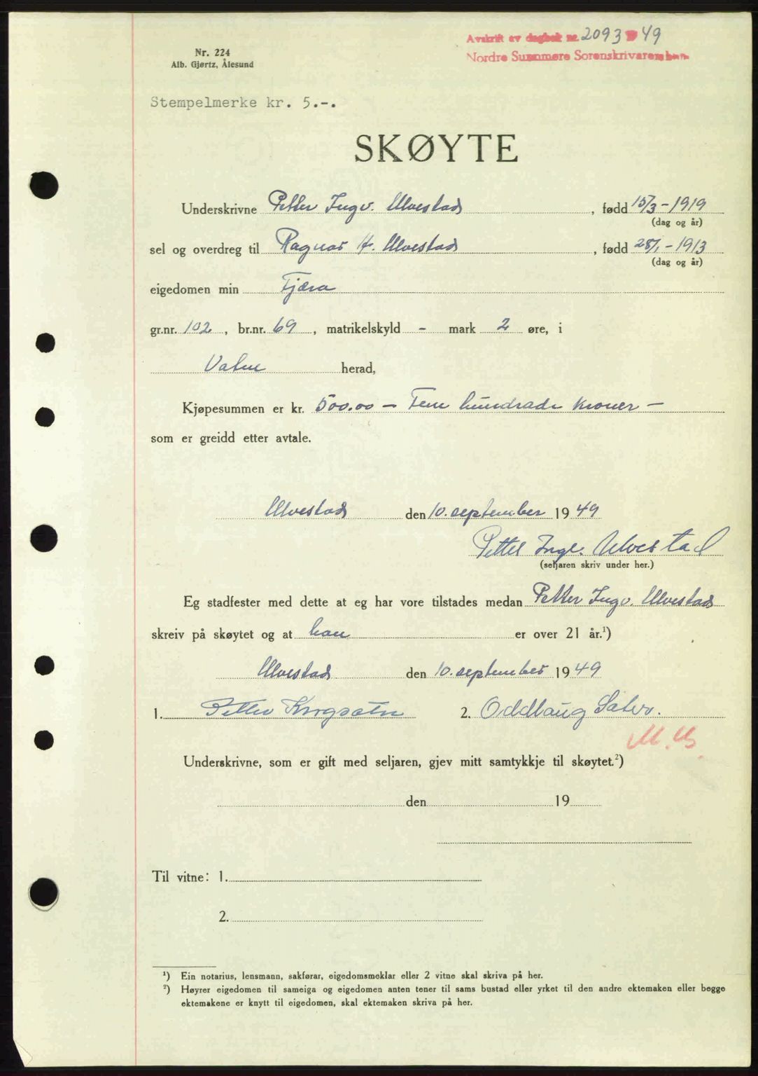 Nordre Sunnmøre sorenskriveri, AV/SAT-A-0006/1/2/2C/2Ca: Mortgage book no. A32, 1949-1949, Diary no: : 2093/1949