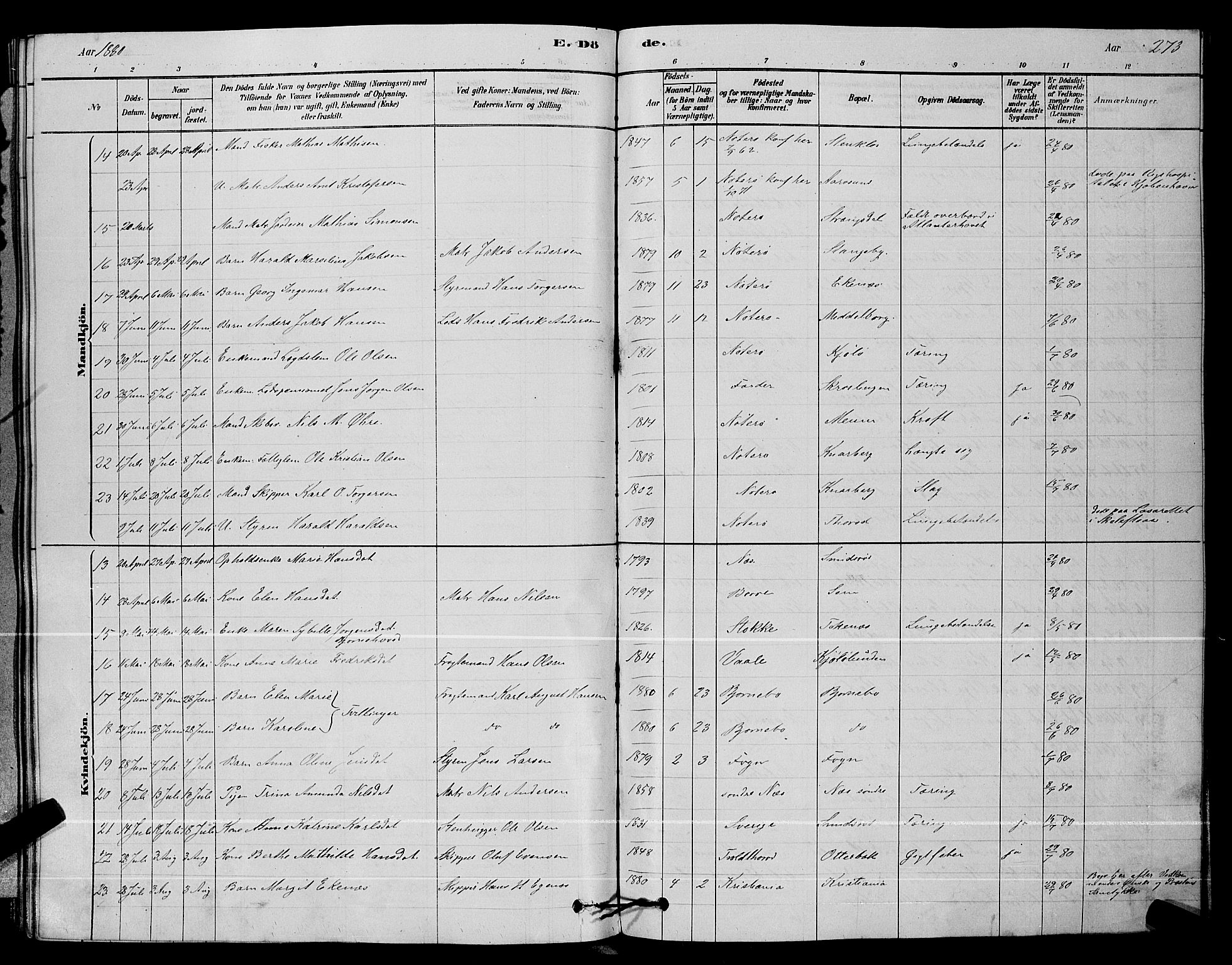 Nøtterøy kirkebøker, AV/SAKO-A-354/G/Ga/L0003: Parish register (copy) no. I 3, 1878-1893, p. 273