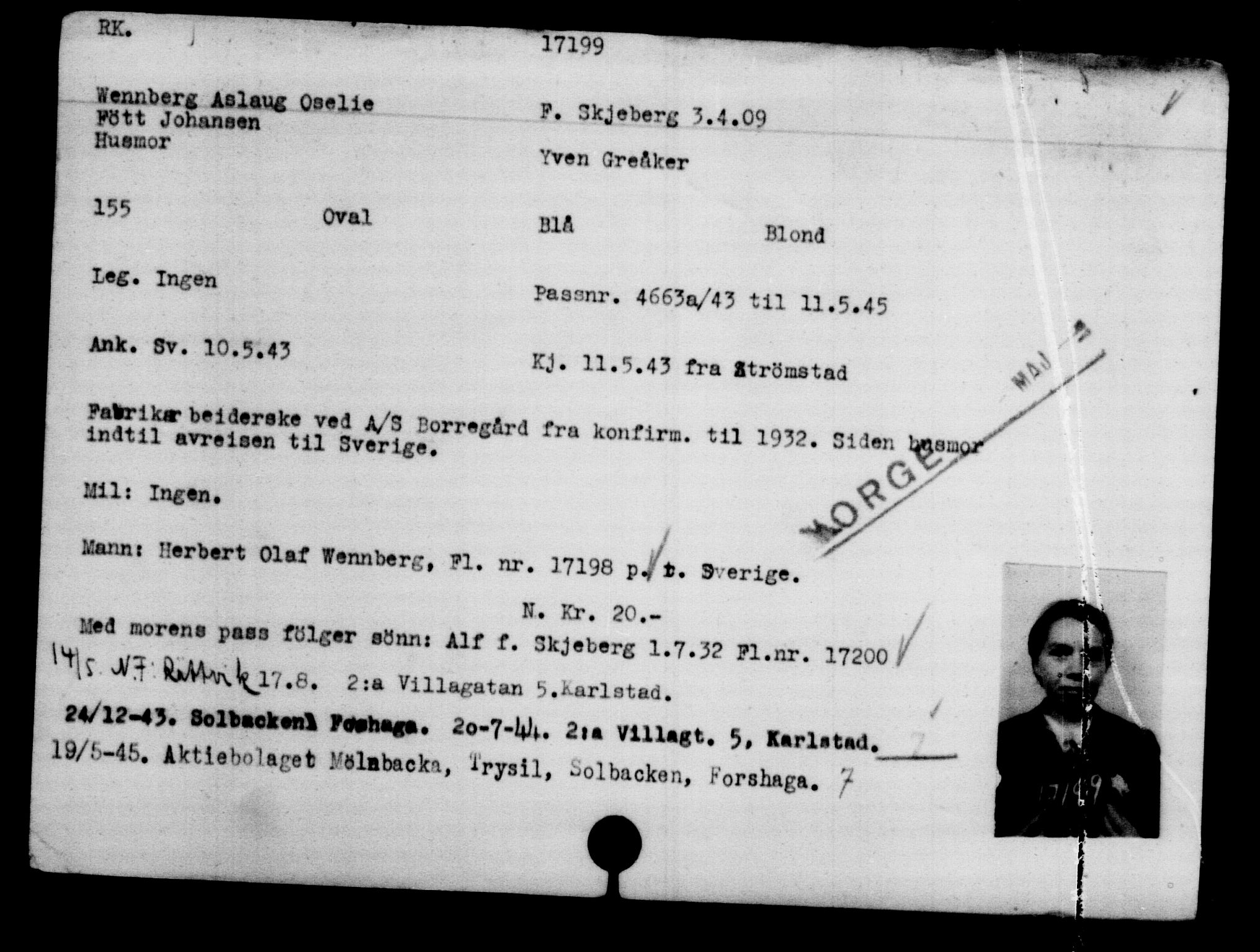 Utenriksstasjonene, Legasjonen i Stockholm, Flyktningkontoret, AV/RA-S-6753/V/Va/L0008: Kjesäterkartoteket, flyktninger med registreringsnr. 15700-18547, 1940-1945, p. 1650