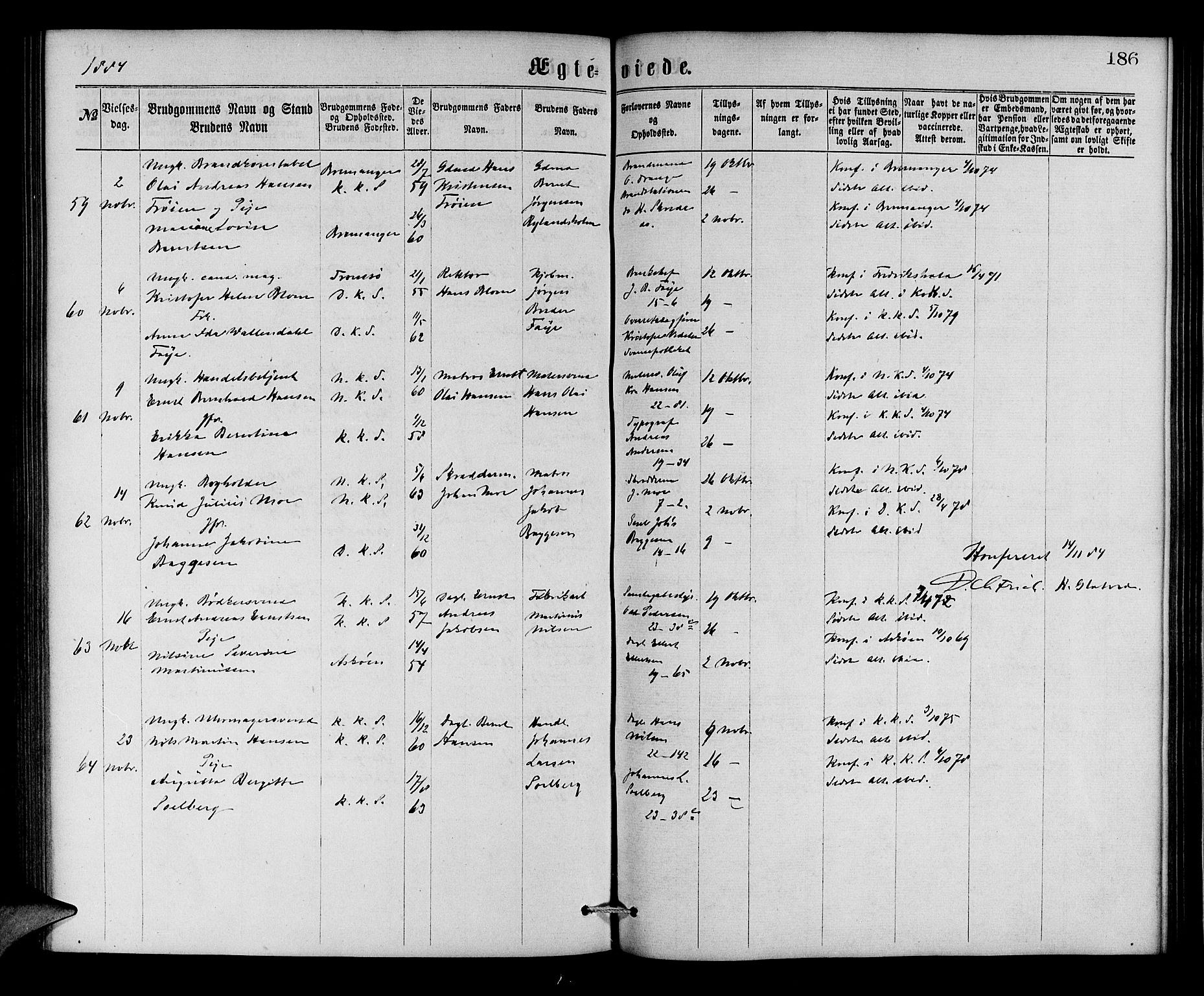 Korskirken sokneprestembete, AV/SAB-A-76101/H/Hab: Parish register (copy) no. D 2, 1867-1886, p. 186