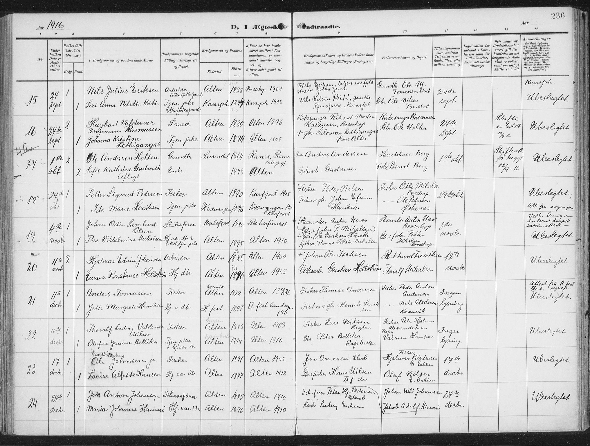 Alta sokneprestkontor, SATØ/S-1338/H/Ha/L0005.kirke: Parish register (official) no. 5, 1904-1918, p. 236